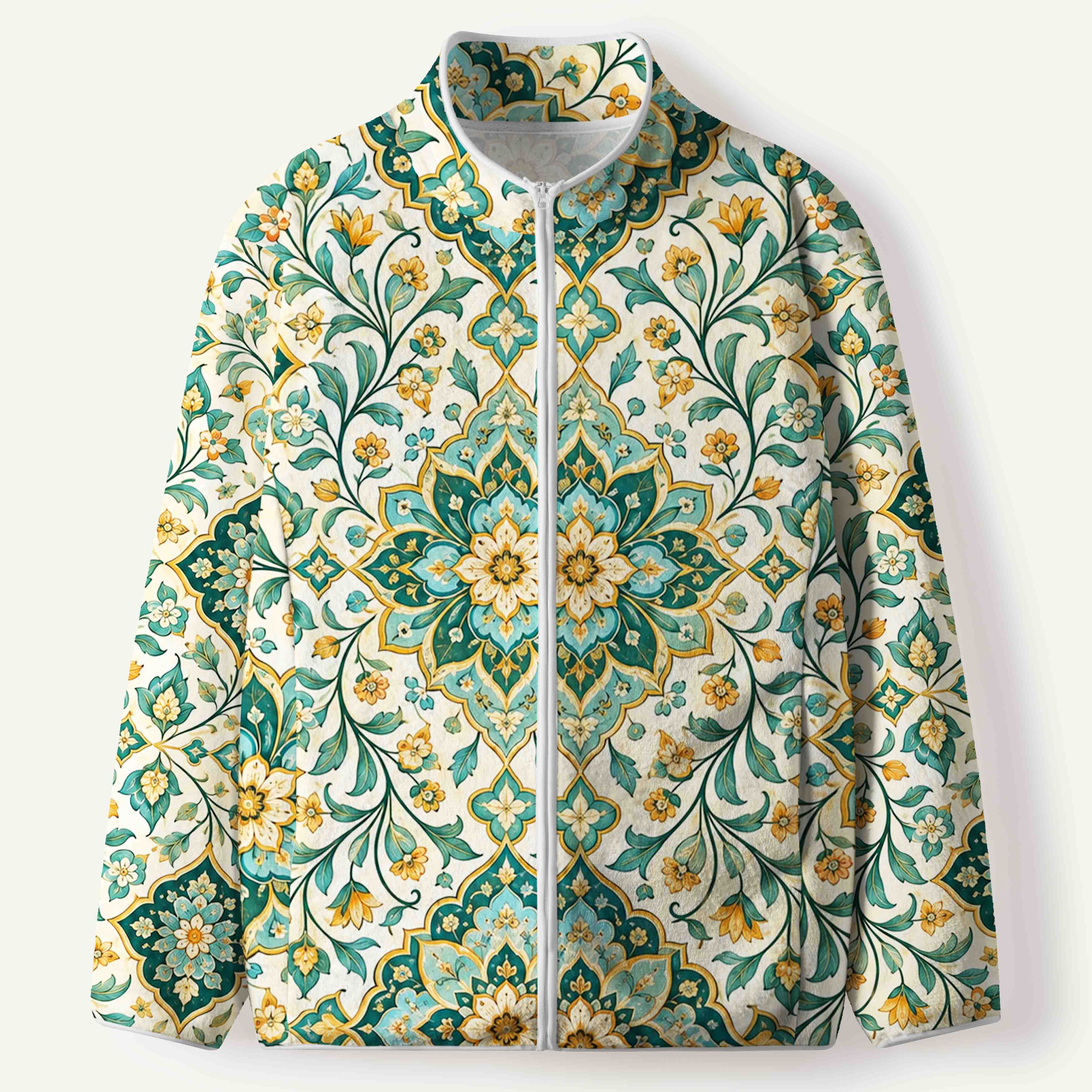 Vintage Persian Floral Mosaic Turquoise Mandala Ornament Women's Flannel Zip Front Cardigan