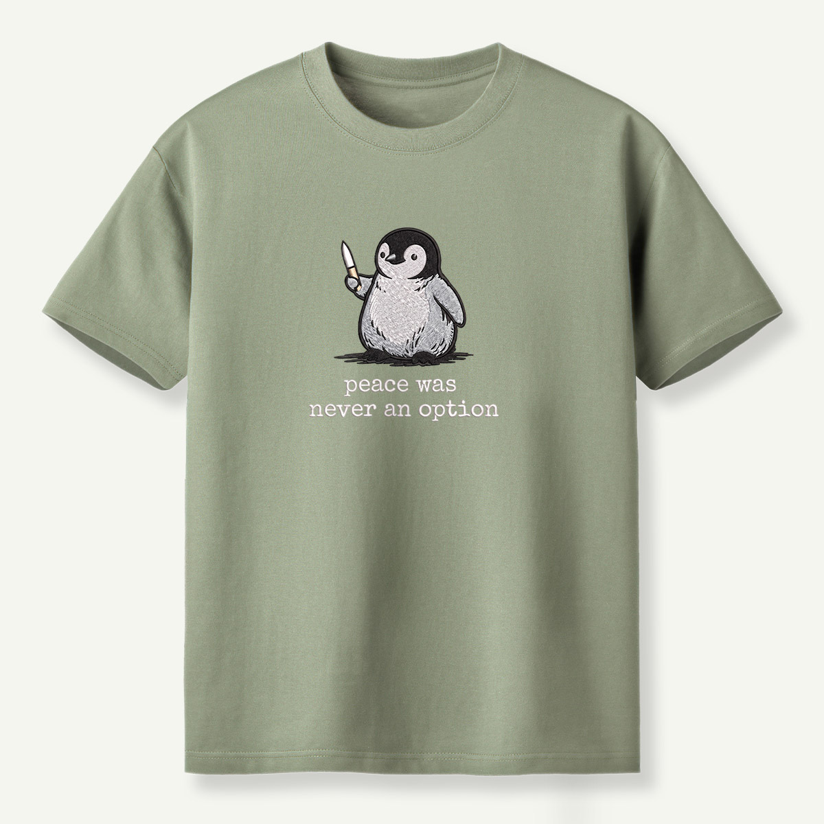 Peace Was Never An Option Penguin Embroidered T-Shirt