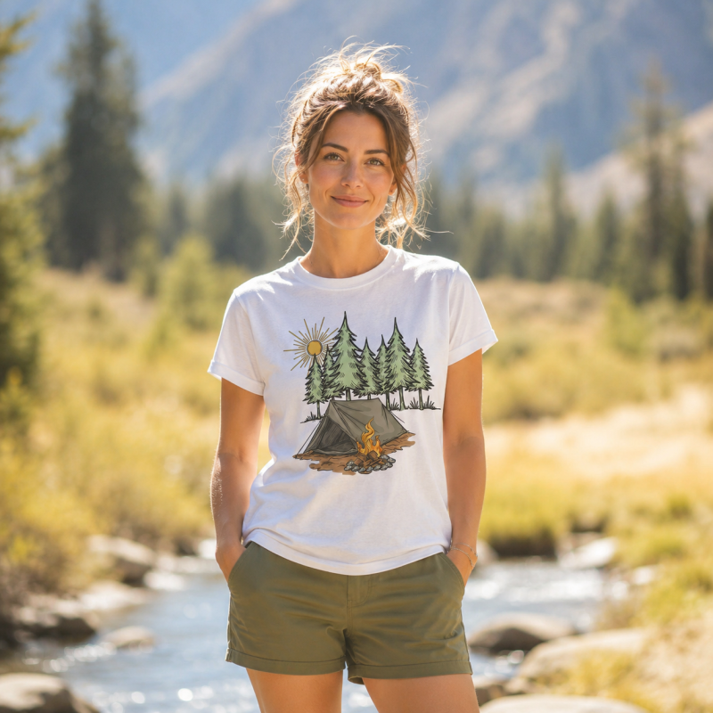 Sunny Forest Tent Campfire Illustration T-Shirt