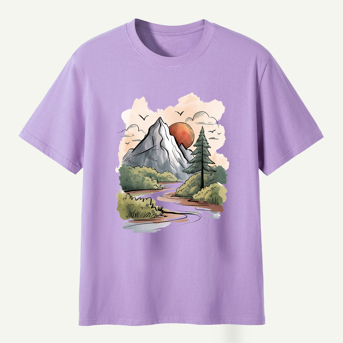 Mountain River Sunset Watercolor Landscape T-Shirt