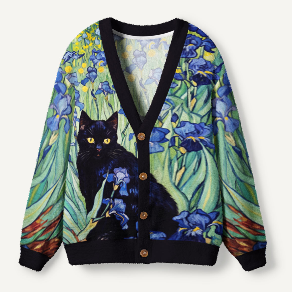 Midnight Cat in the Irises Ugly Cardigan Sweaters