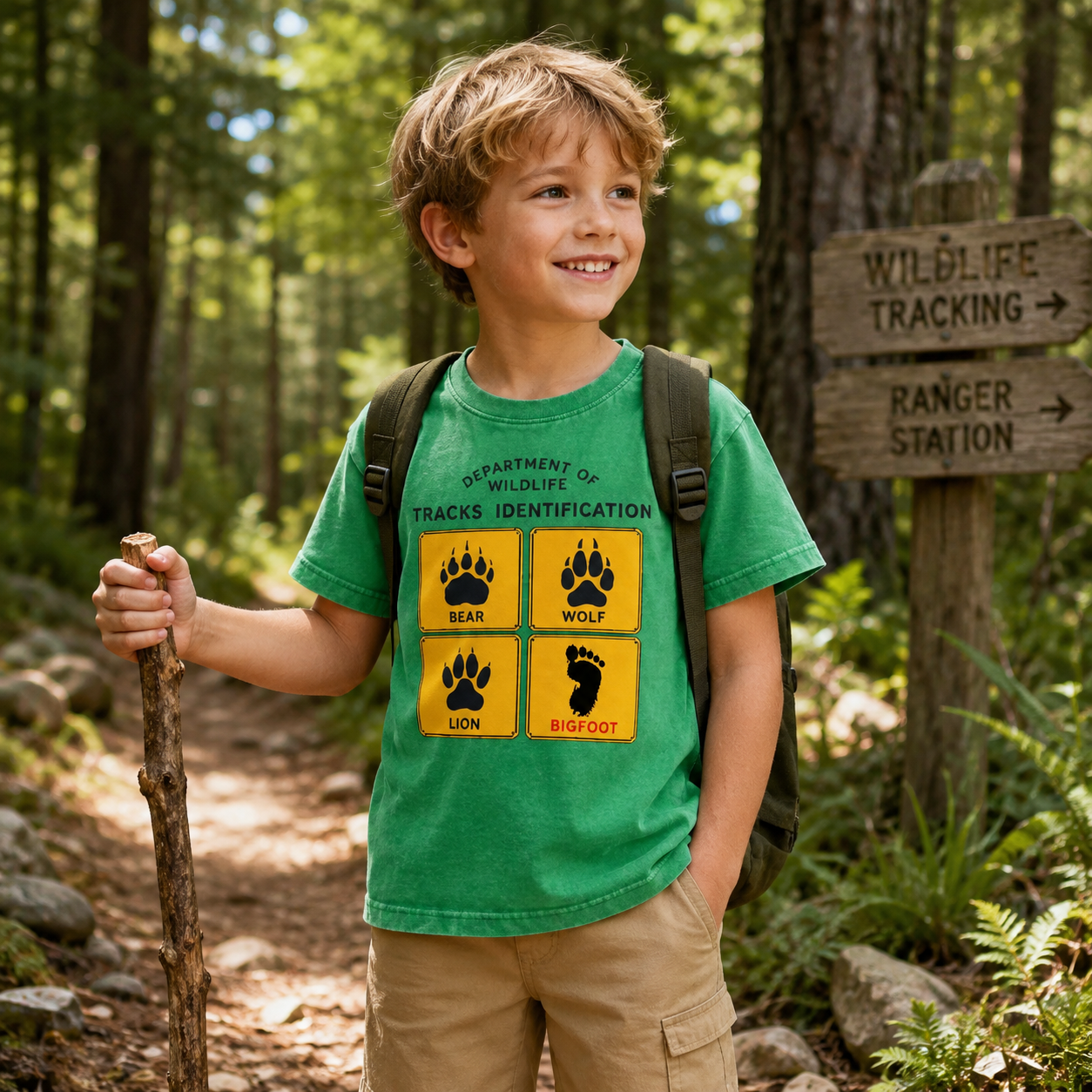 Department of Wildlife Tracks Identification Bear Wolf Lion Cryptids Kids Washed T-Shirt