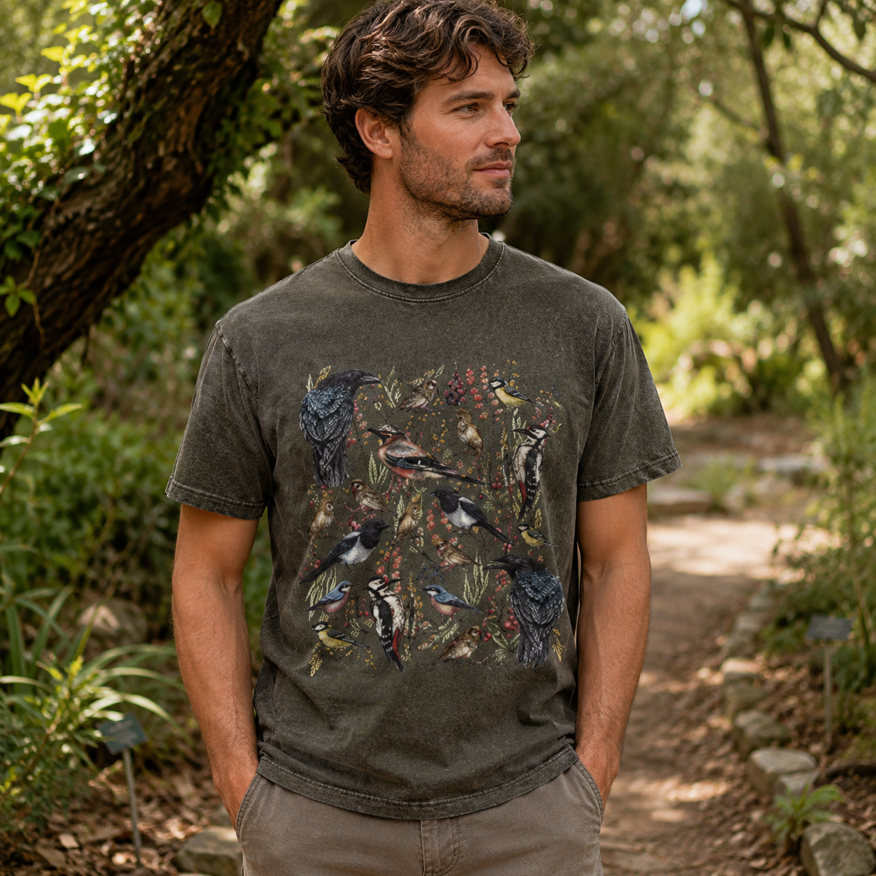 Vintage Wild Birds Botanical Washed T-Shirt