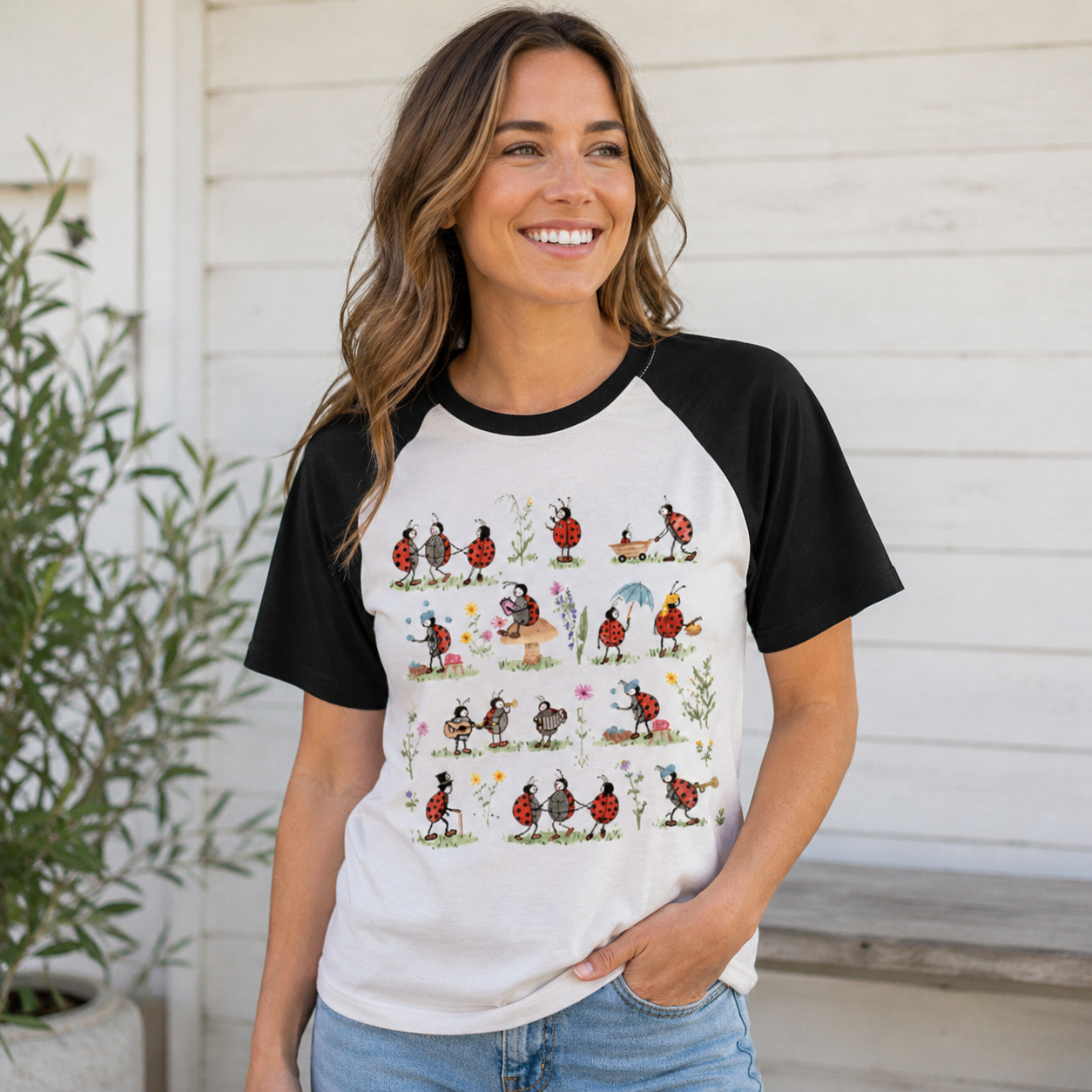 Ladybug and Flower Tee Raglan T-Shirt