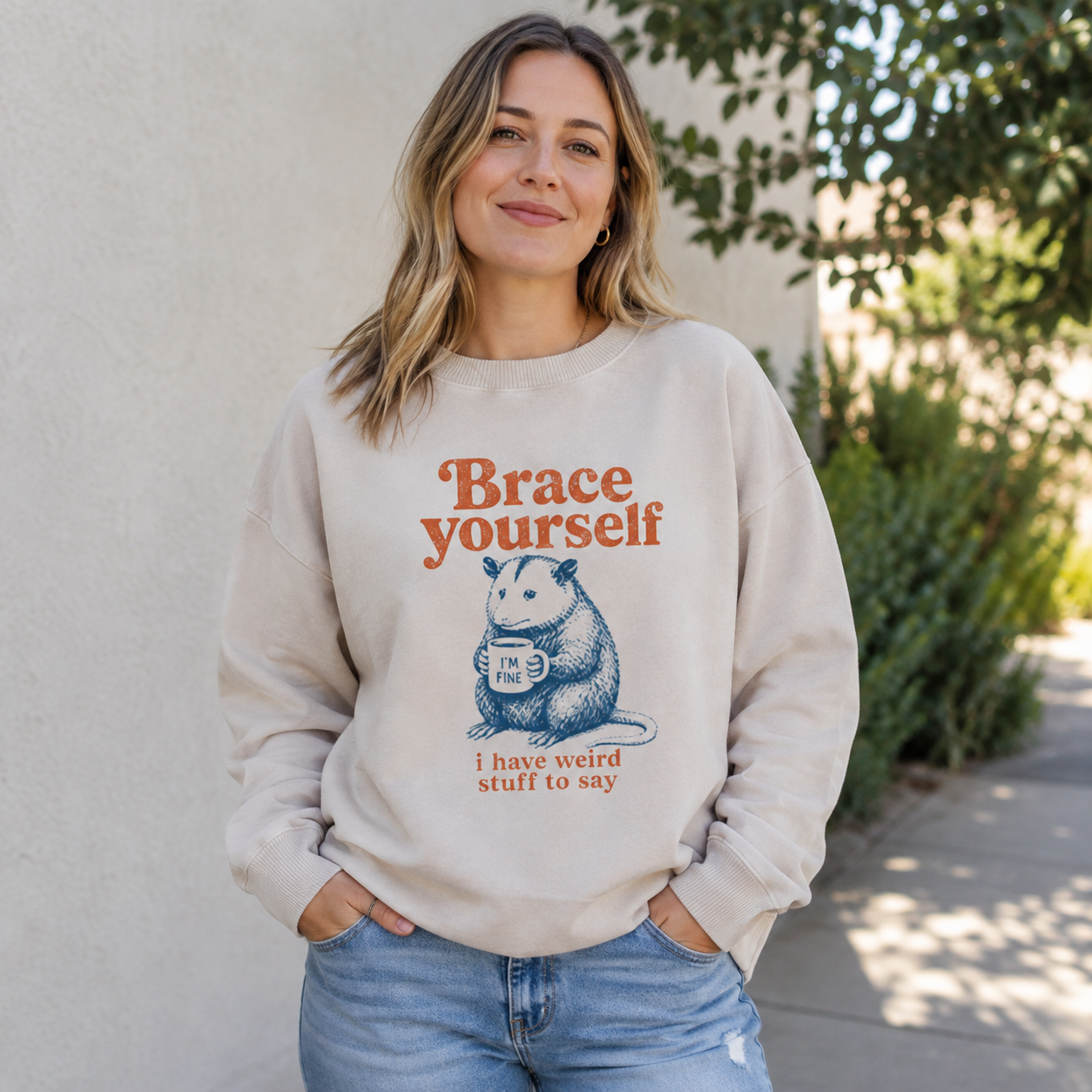Brace Yourself, Opossum Has Thoughts Washed Sweatshirts