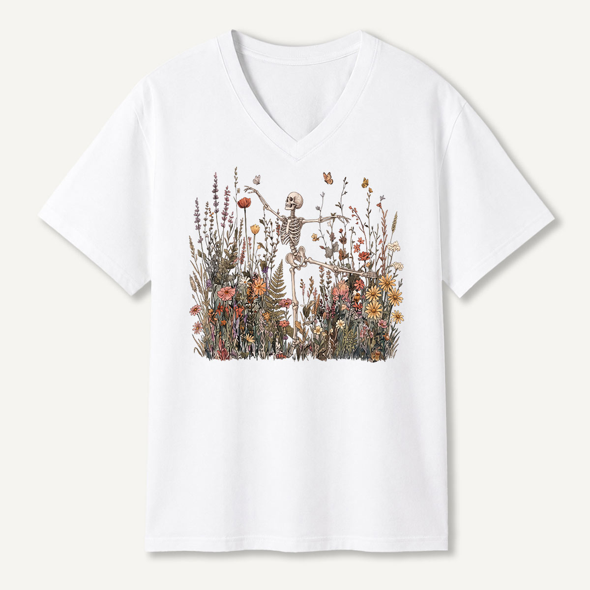 Dancing Skeleton Wildflower Garden V-neck T-Shirt