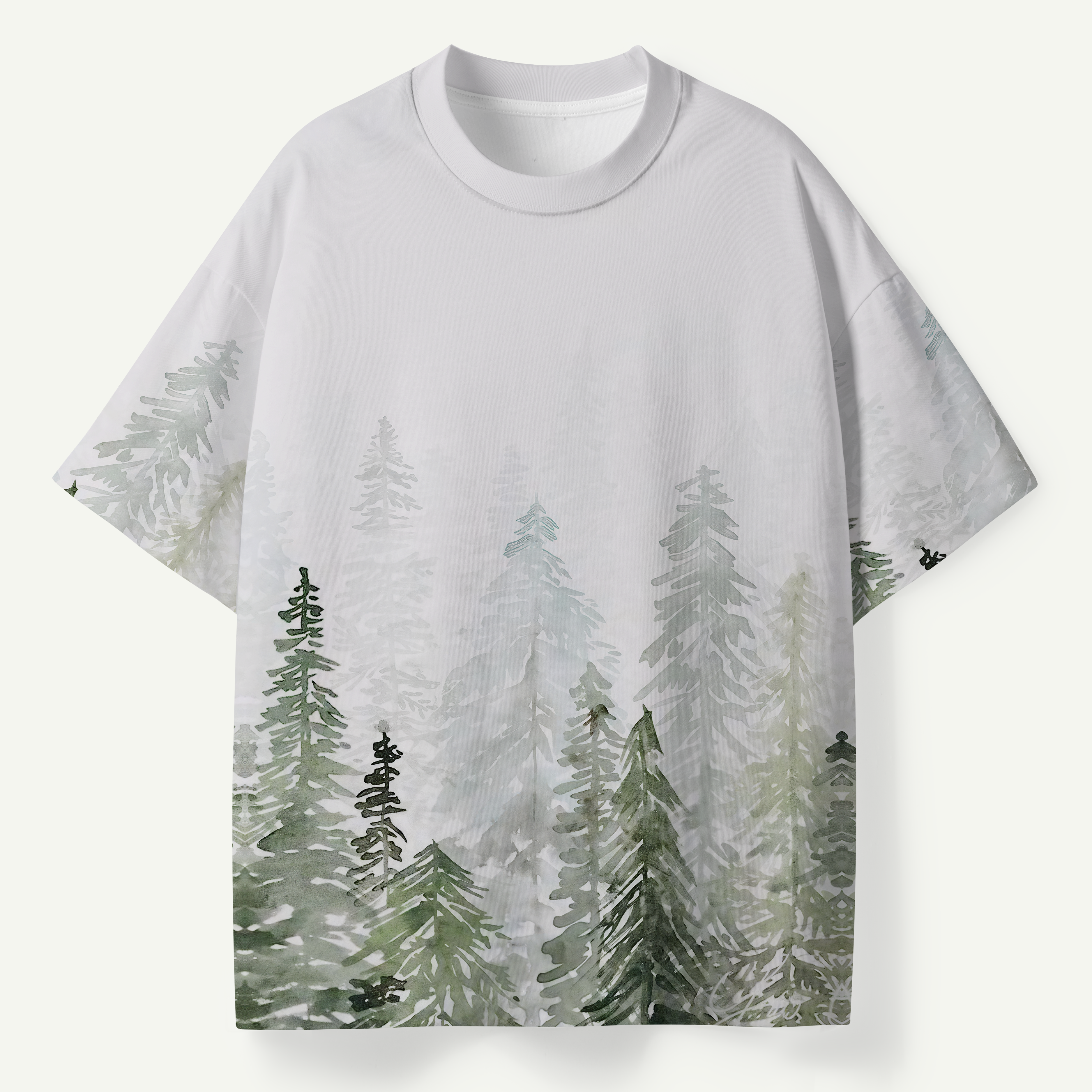 Misty Pine Forest Watercolor Landscape Premium Pure Cotton Tee
