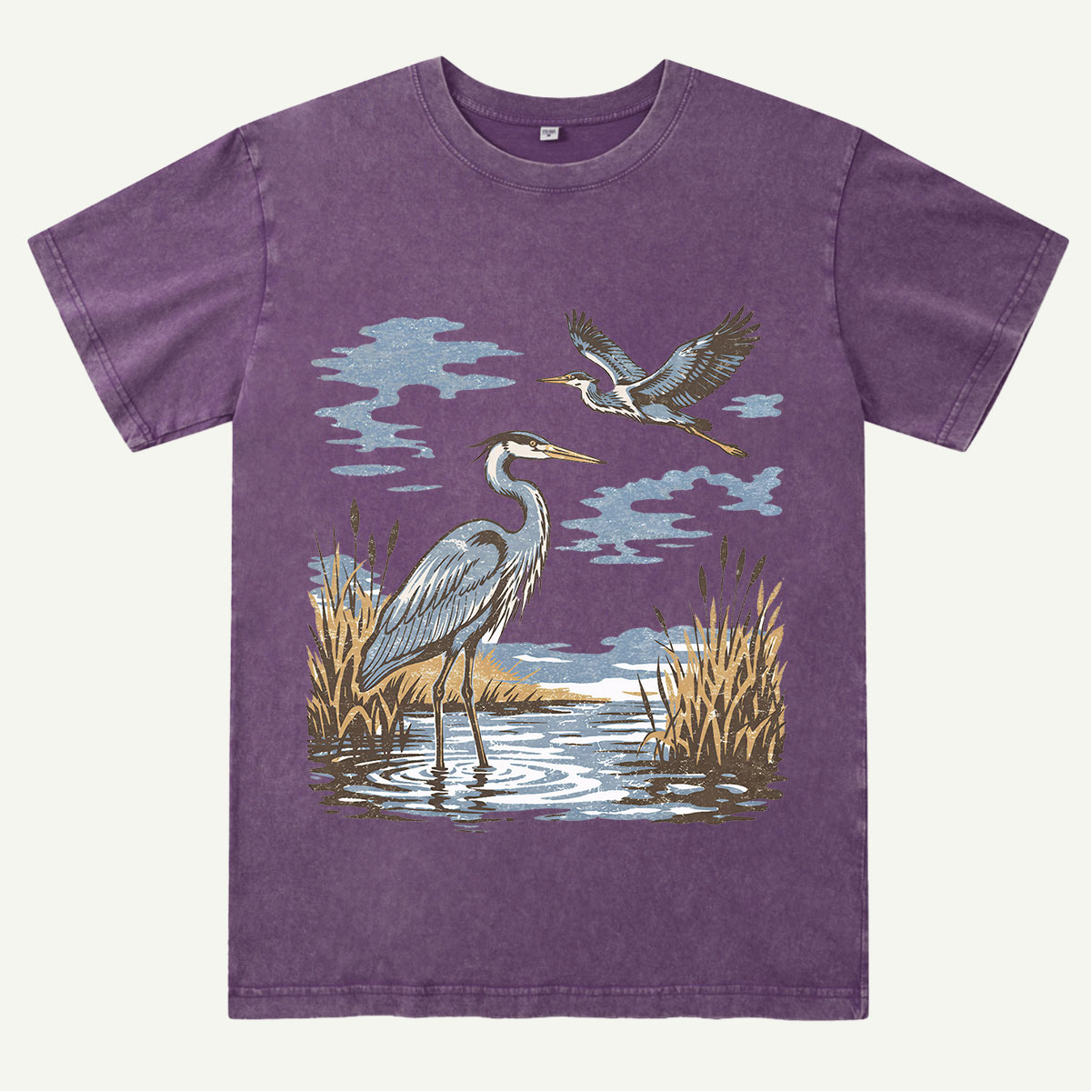Vintage Heron Wetland Bird Nature Washed T-Shirt