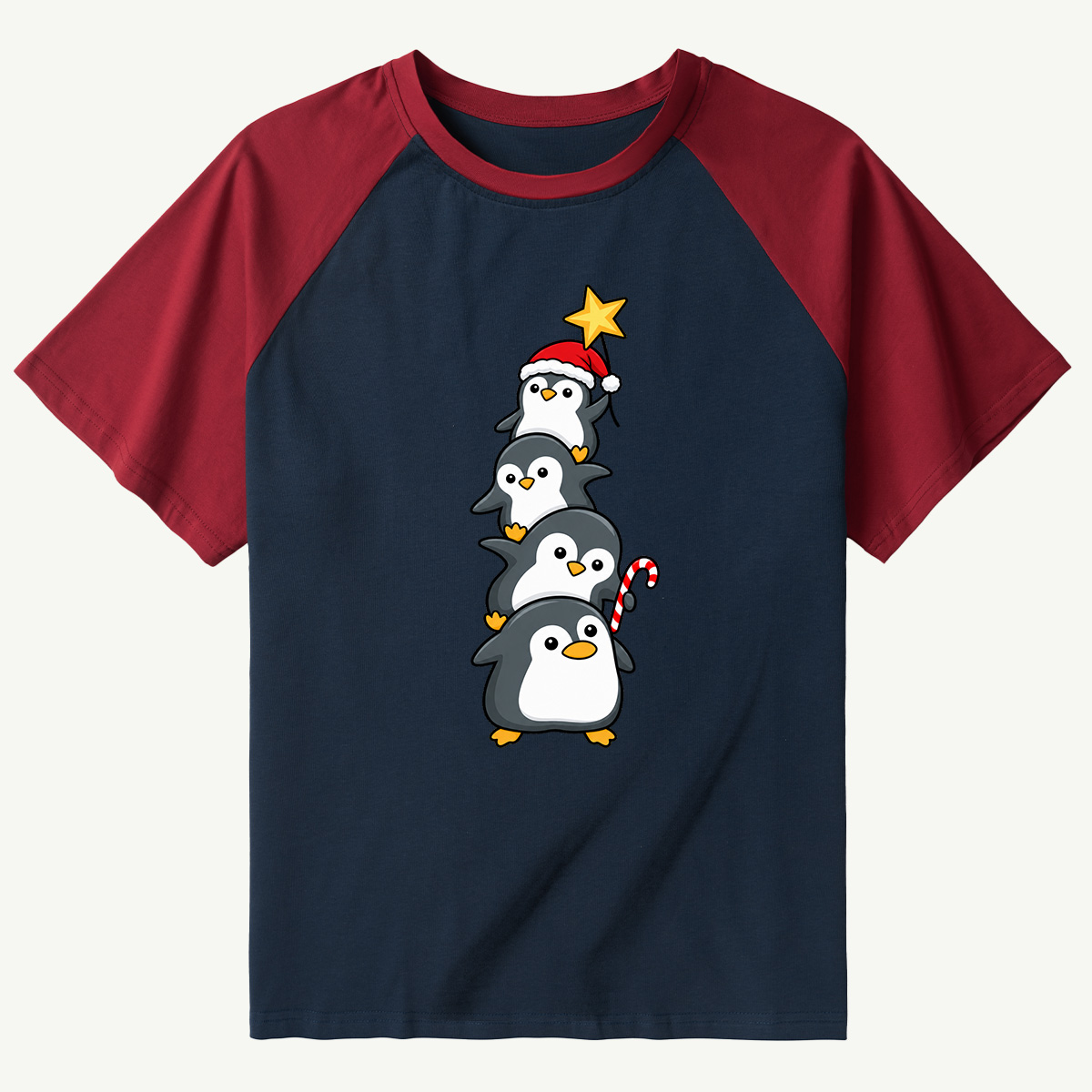 Four Cute Penguins Stacked As A Christmas Tree Raglan T-Shirt