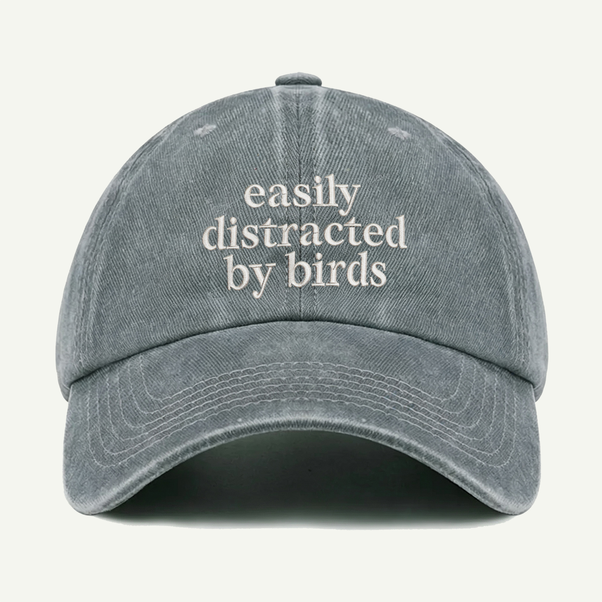 Easily Distracted By Birds Script Washed Embroidered Hat