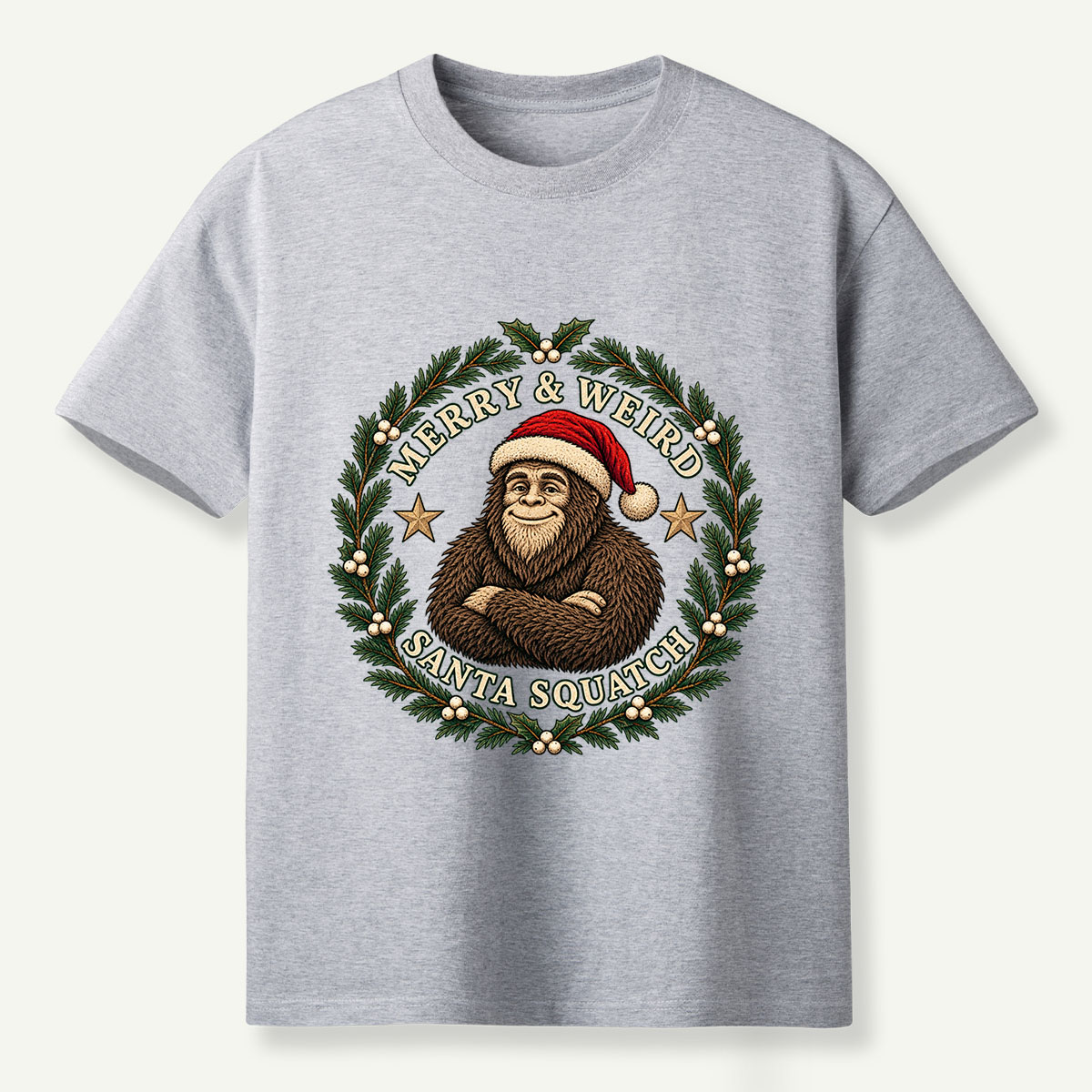 Merry And Weird Santa Squatch Christmas Wreath T-Shirt