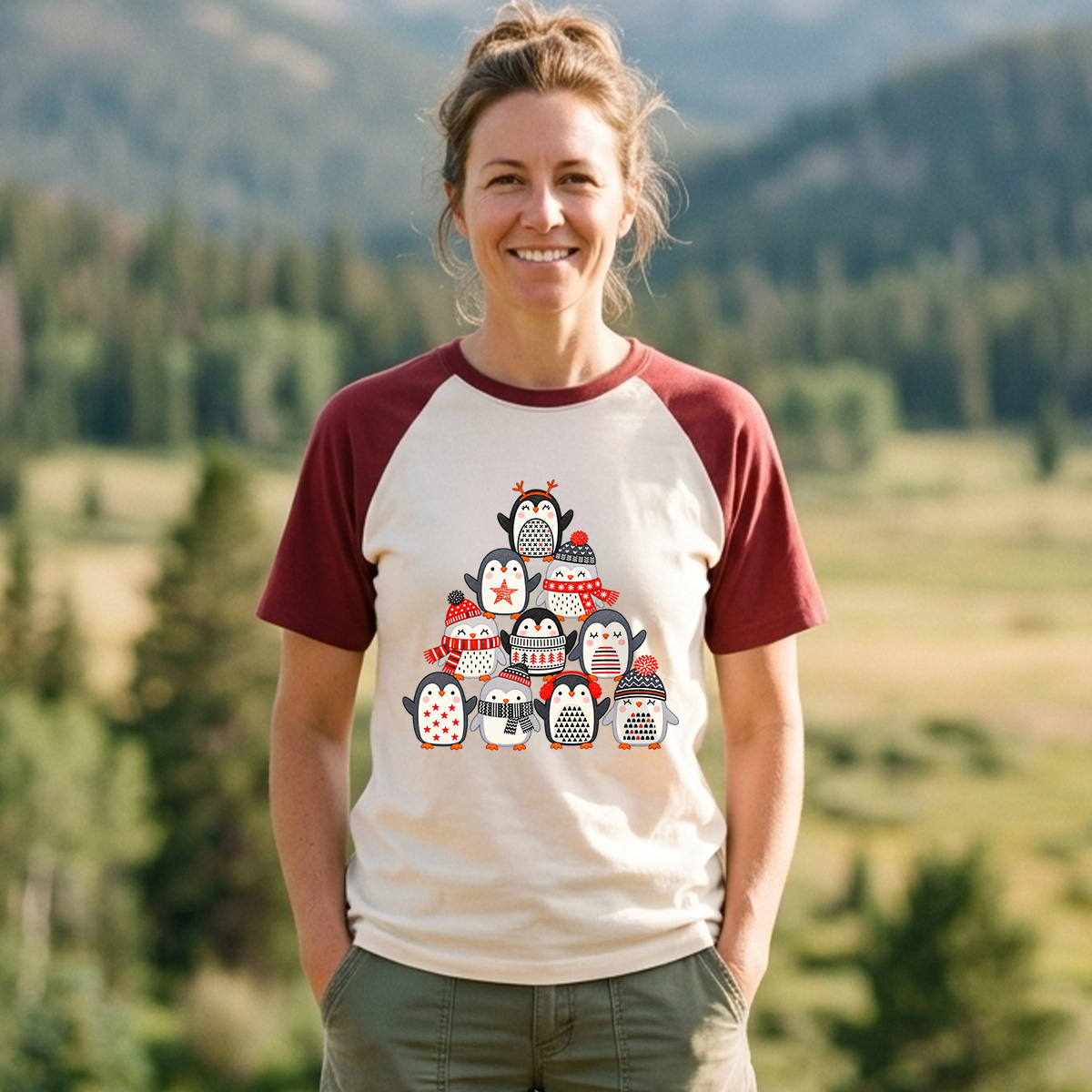 Ten Playful Penguins In Cozy Winter Outfits Raglan T-Shirt
