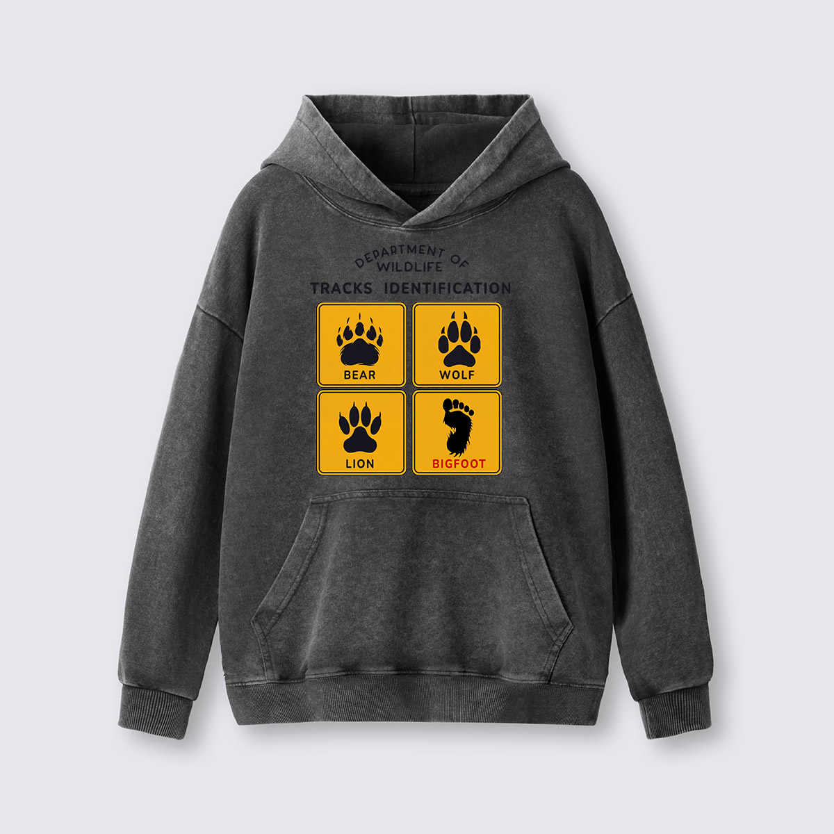 Department of Wildlife Tracks Identification Bear Wolf Lion Cryptids Washed Hoodie