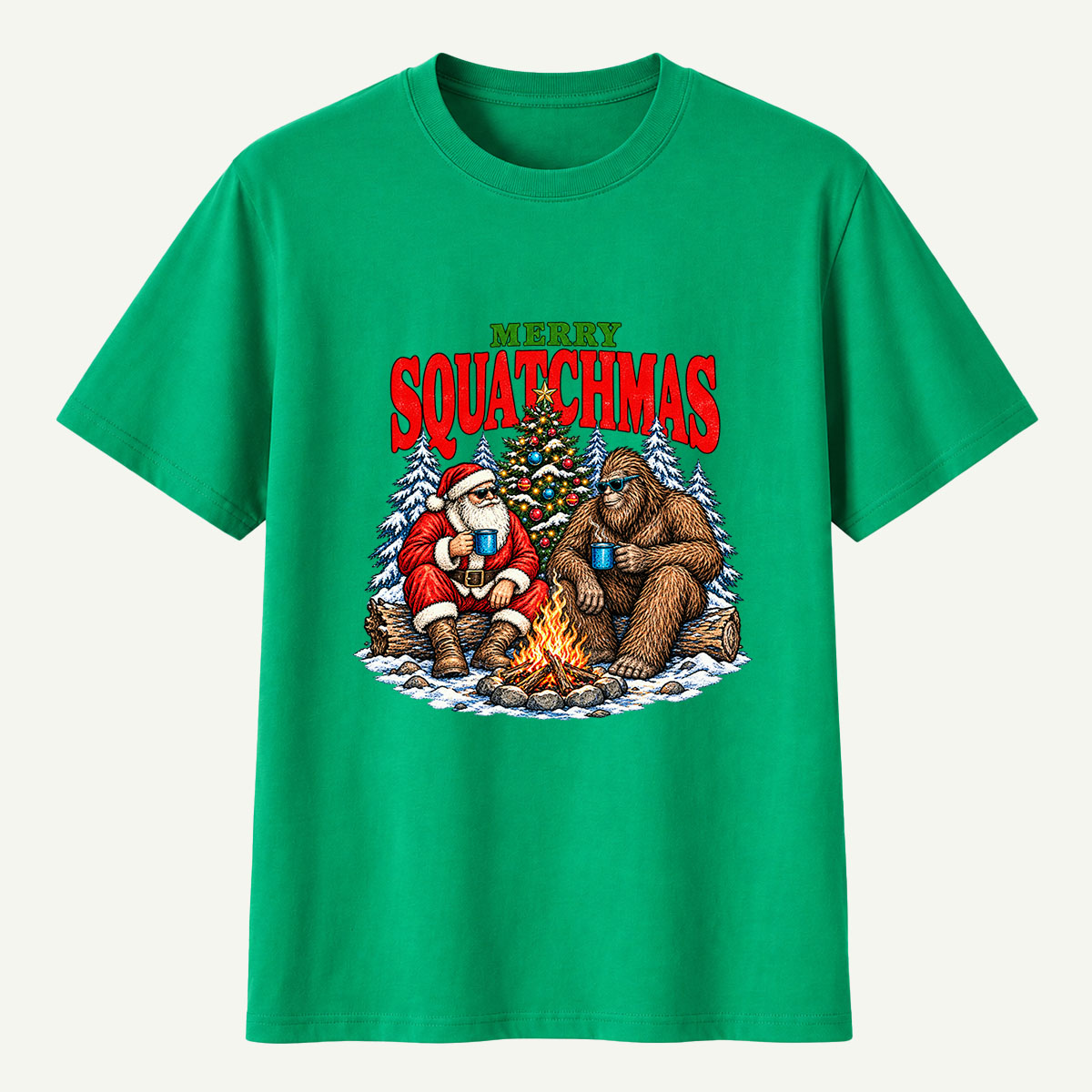 Merry Squatchmas Santa And Bigfoot Campfire T-Shirt