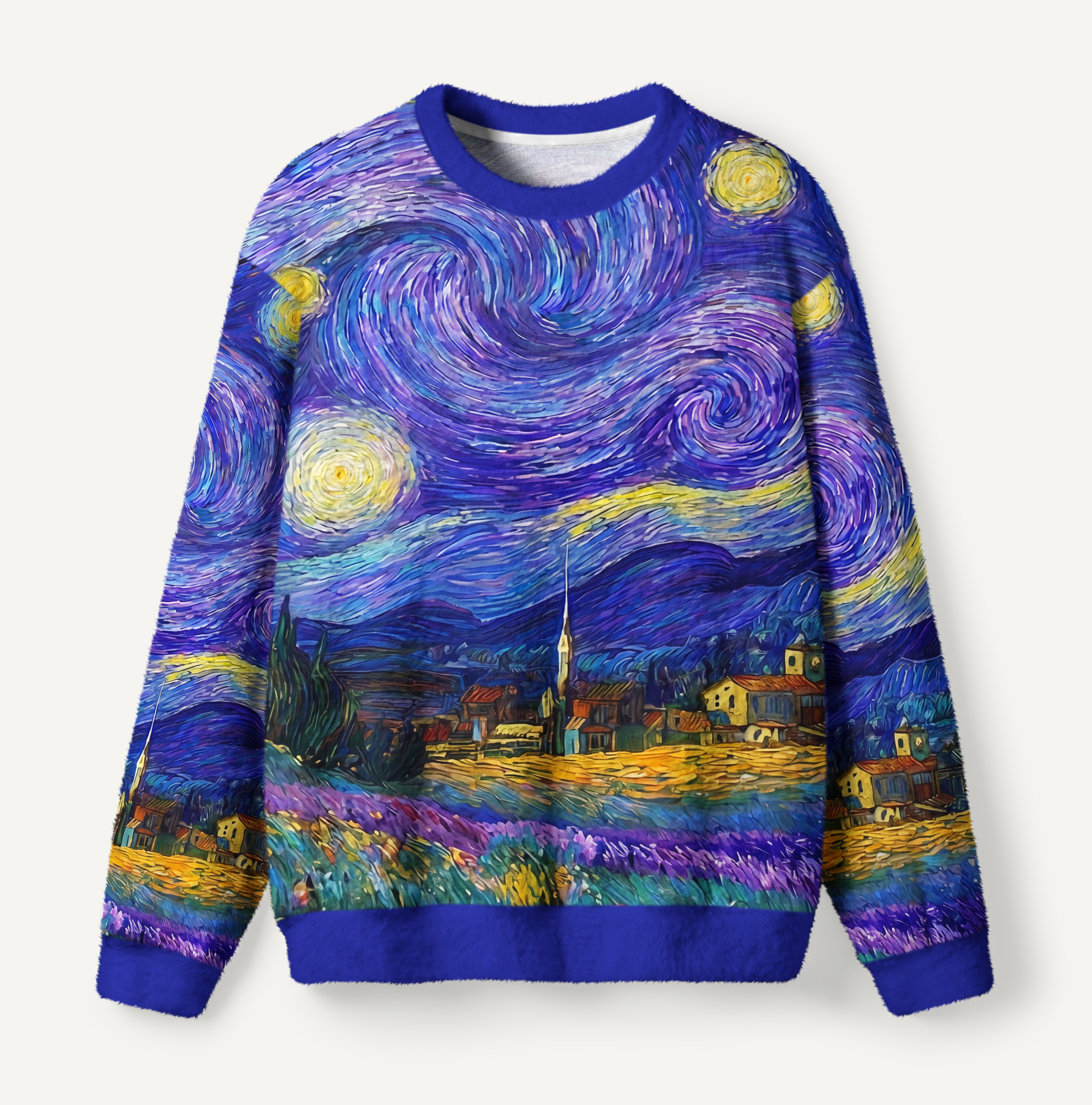 Swirling Night Sky Village Landscape Ugly Fuzzy Fleece Sweatshirt