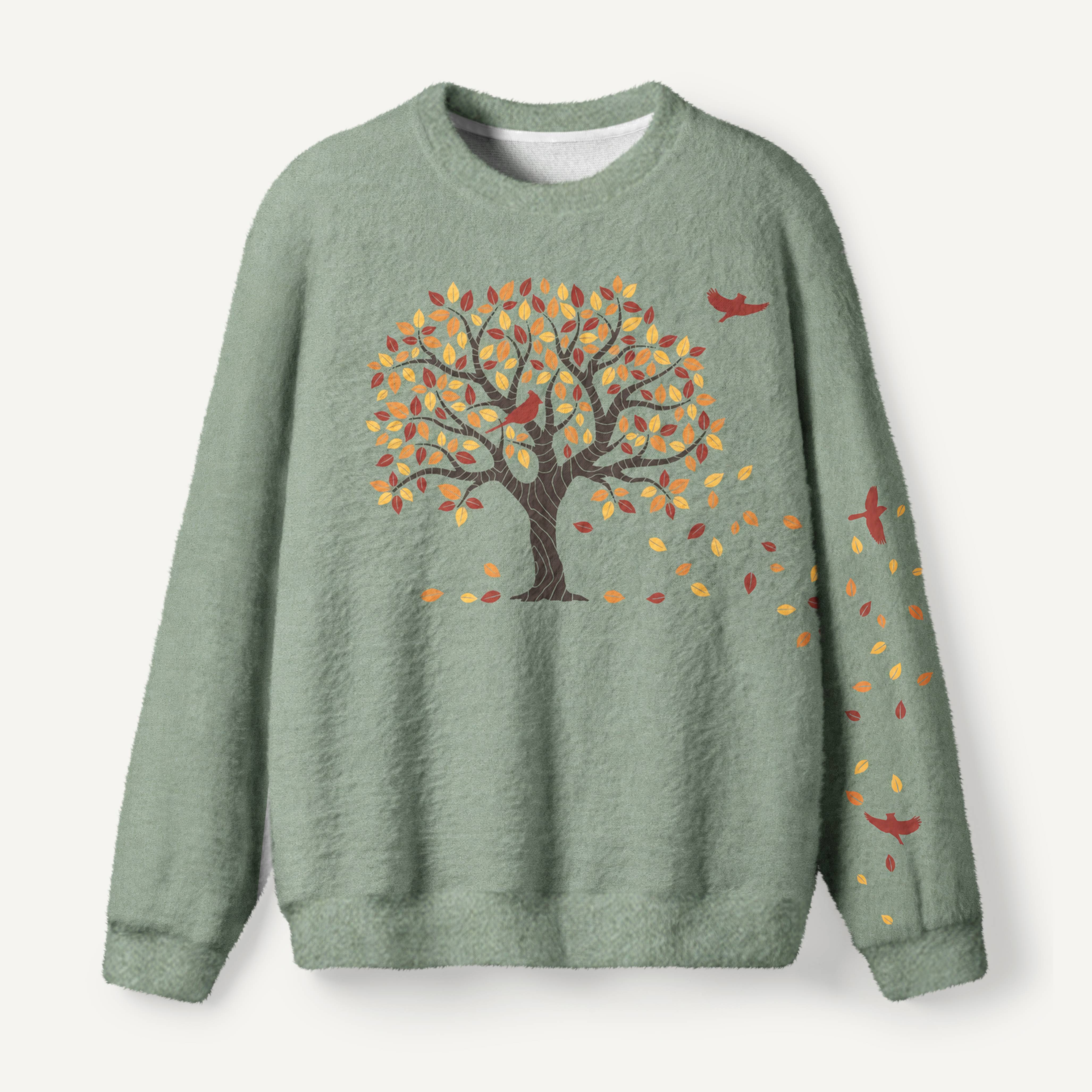 Autumn Tree With Falling Leaves And Birds Ugly Fuzzy Fleece Sweatshirt