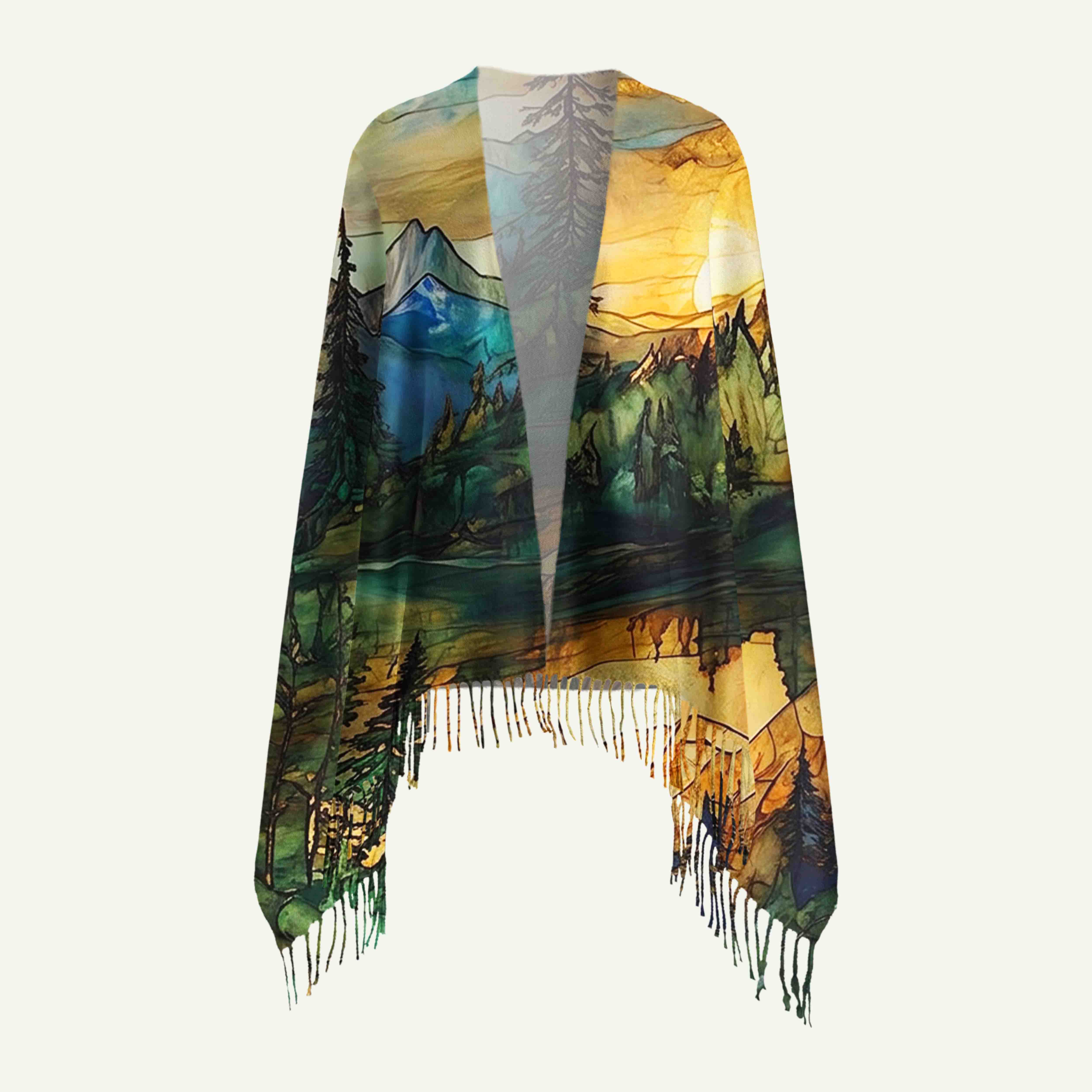 Sunset Alpine Forest Landscap Long Cashmere Scarf with Tassels