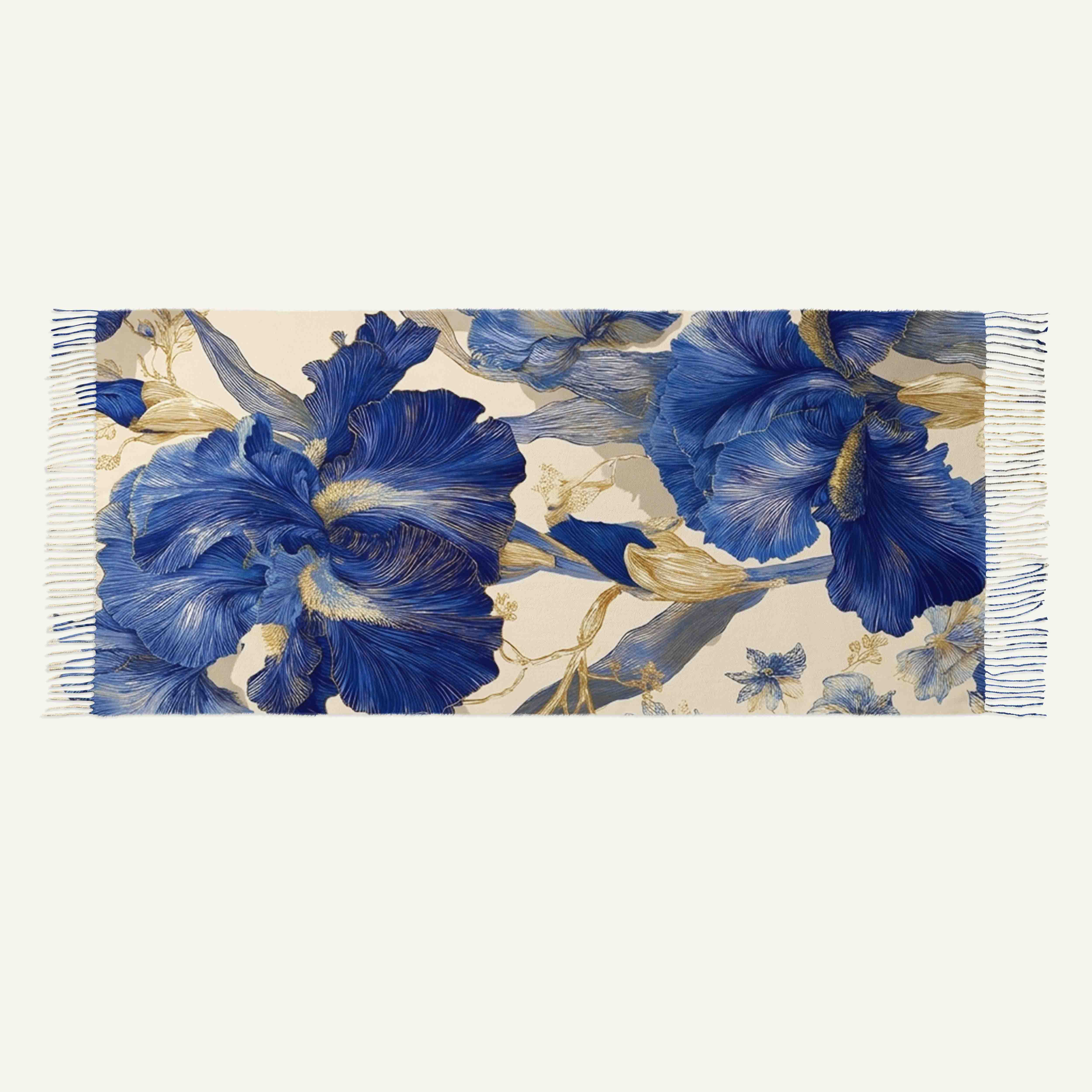 Blue Iris Botanical Long Cashmere Scarf with Tassels