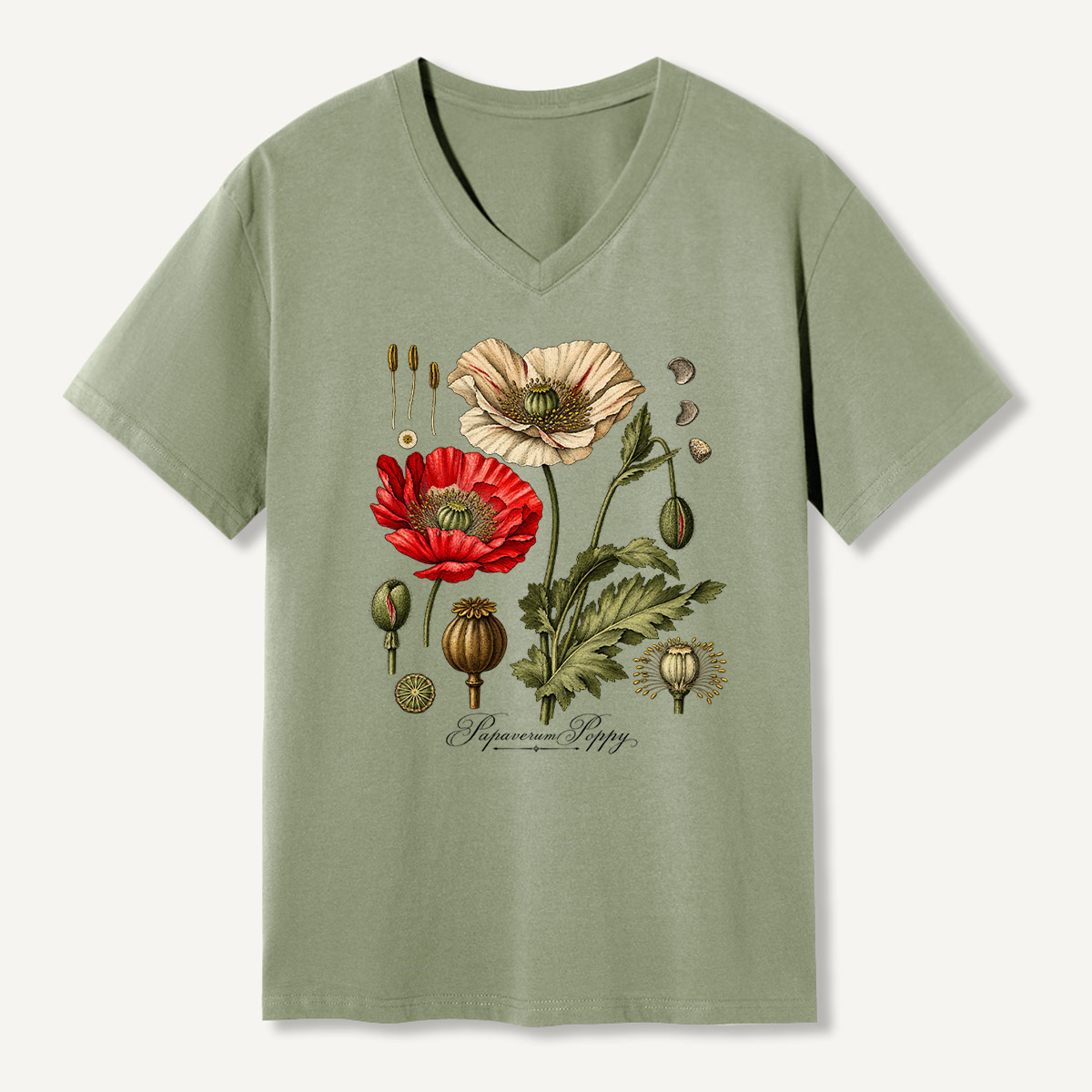 Vintage Poppy Botanical Study V-neck T-Shirt