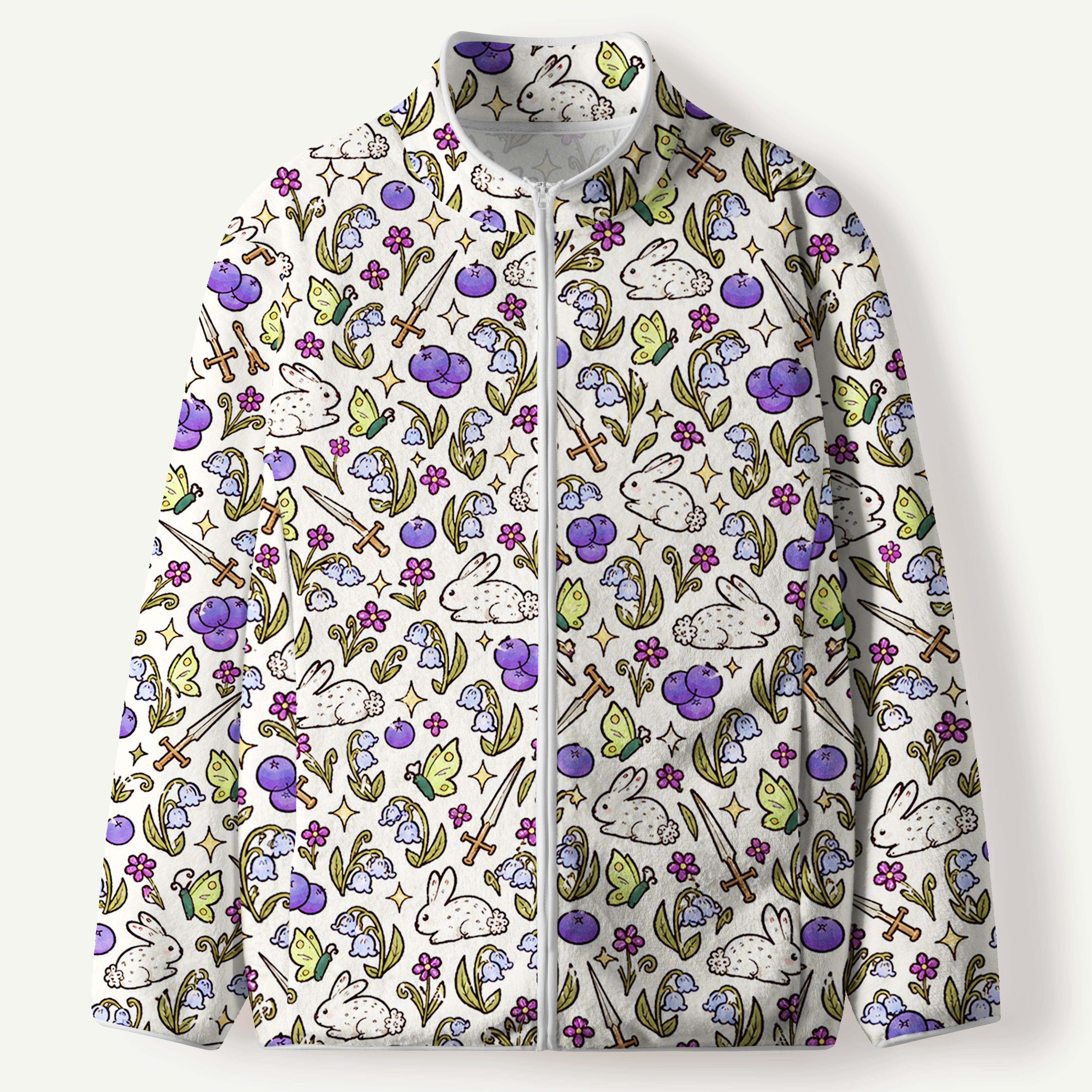 Bunny Blueberry Garden Pattern Women's Flannel Zip Front Cardigan
