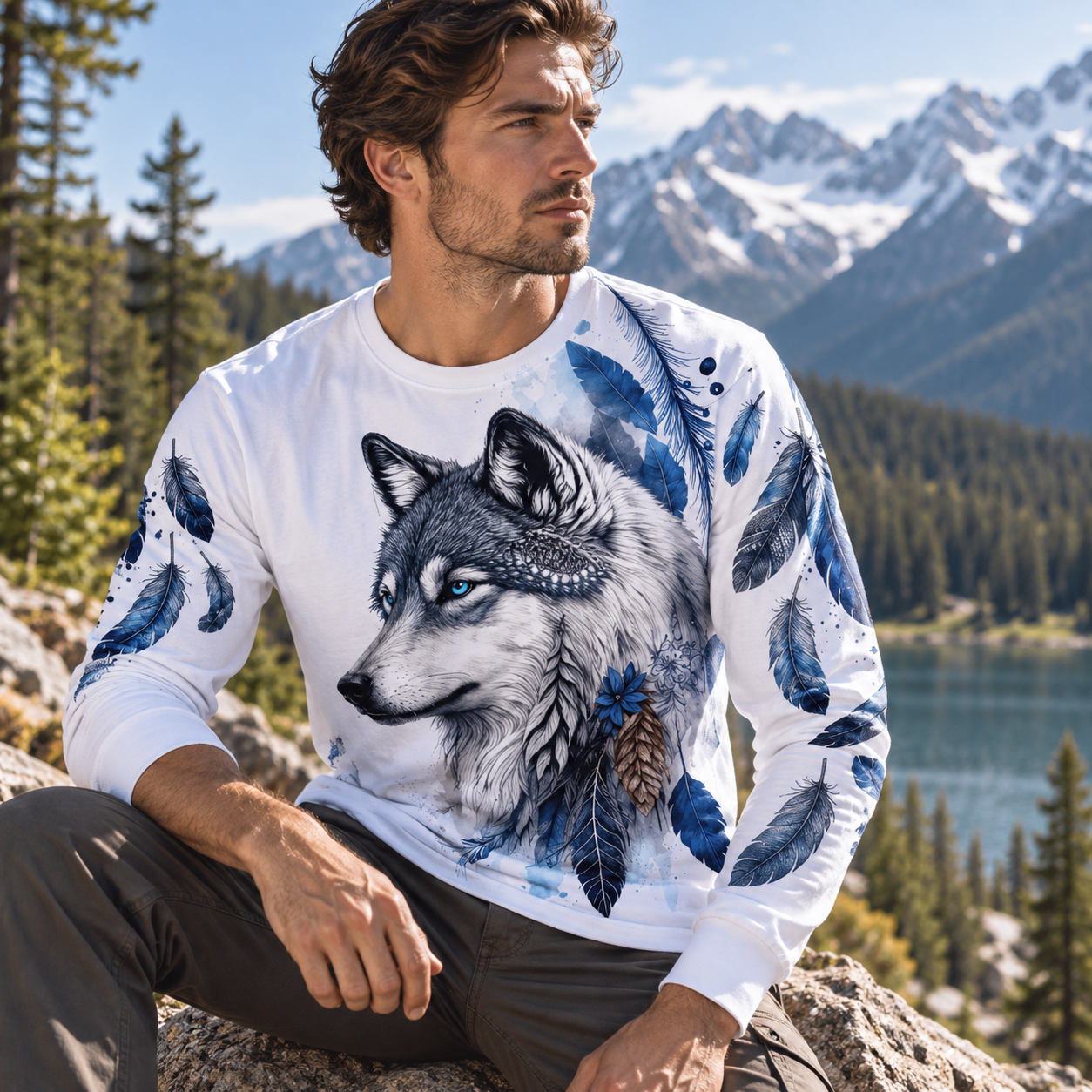 Blue Feather Wolf Spirit Portrait Premium Pure Cotton Long Sleeves
