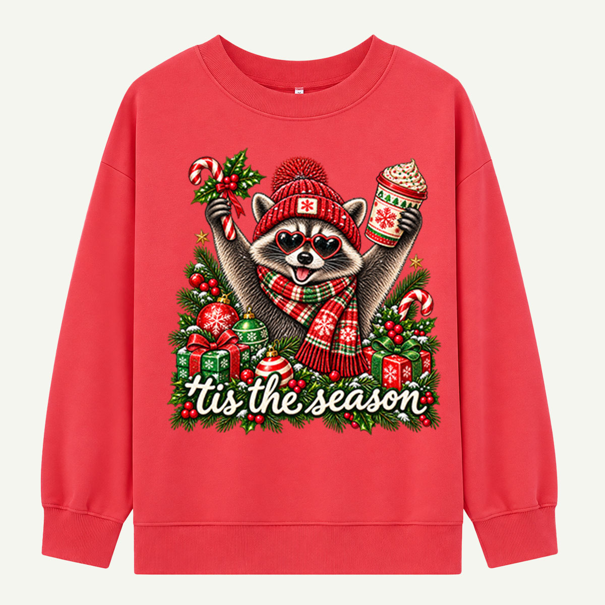 Tis The Season Festive Raccoon With Heart Sunglasses And Hot Cocoa Sweatshirts