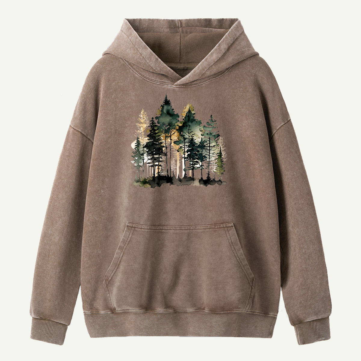 Watercolor Pine Forest Landscape Washed Hoodie