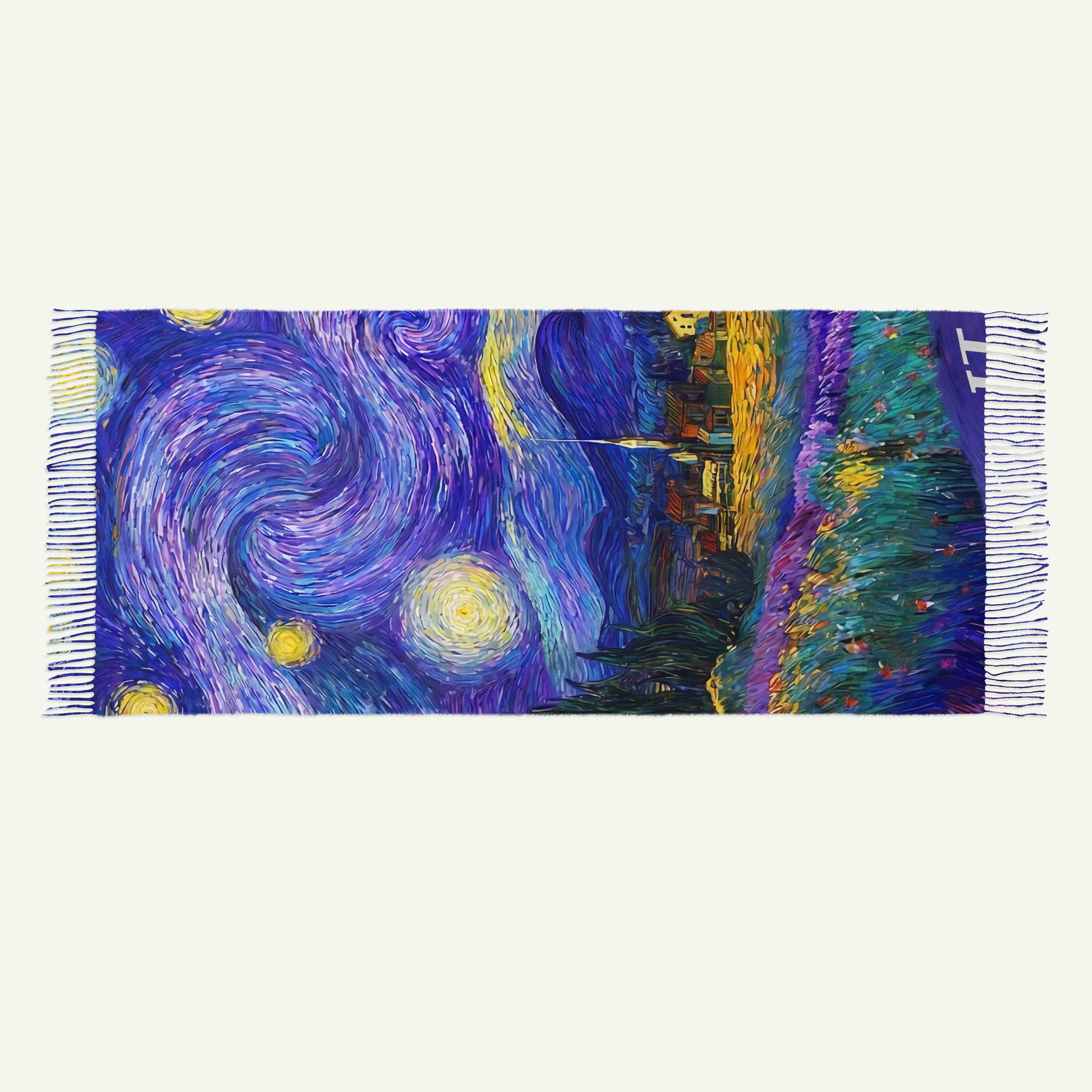 Swirling Night Sky Village Landscape Long Cashmere Scarf with Tassels