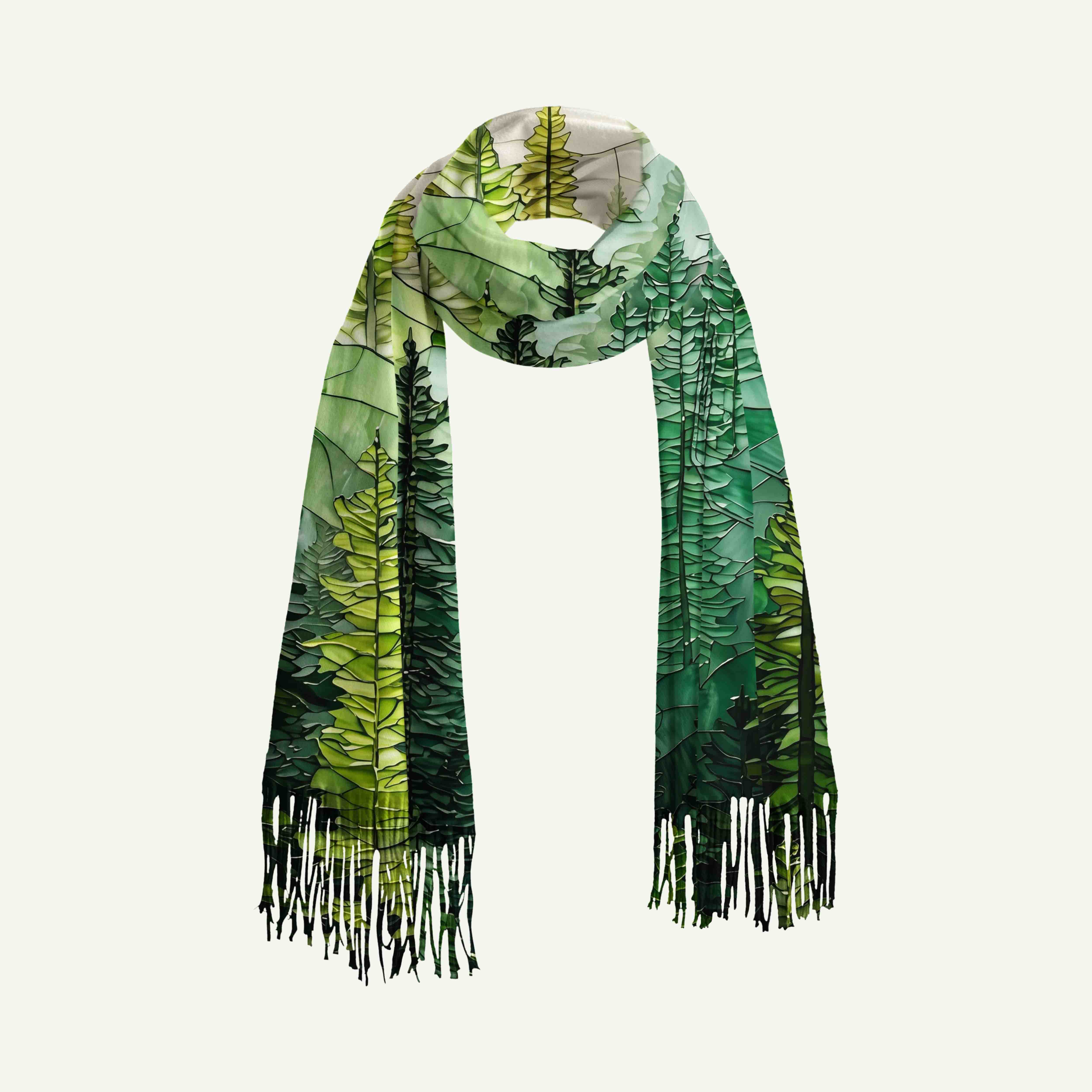 Pine Trees and Mountain Haze Long Cashmere Scarf with Tassels