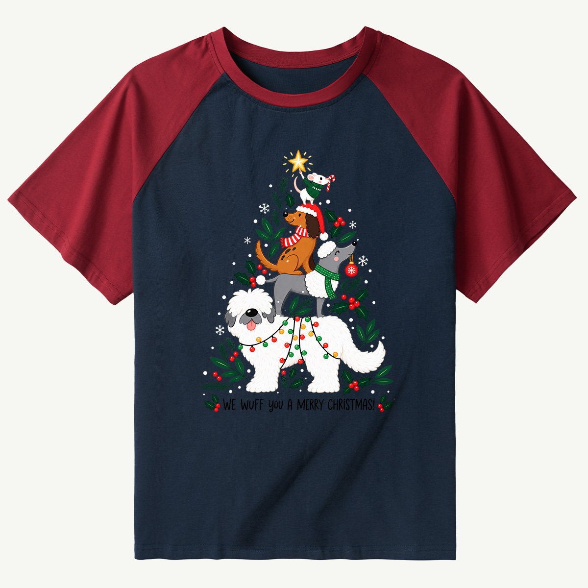 We Wuff You A Merry Christmas Stacked Dogs Raglan T-Shirt