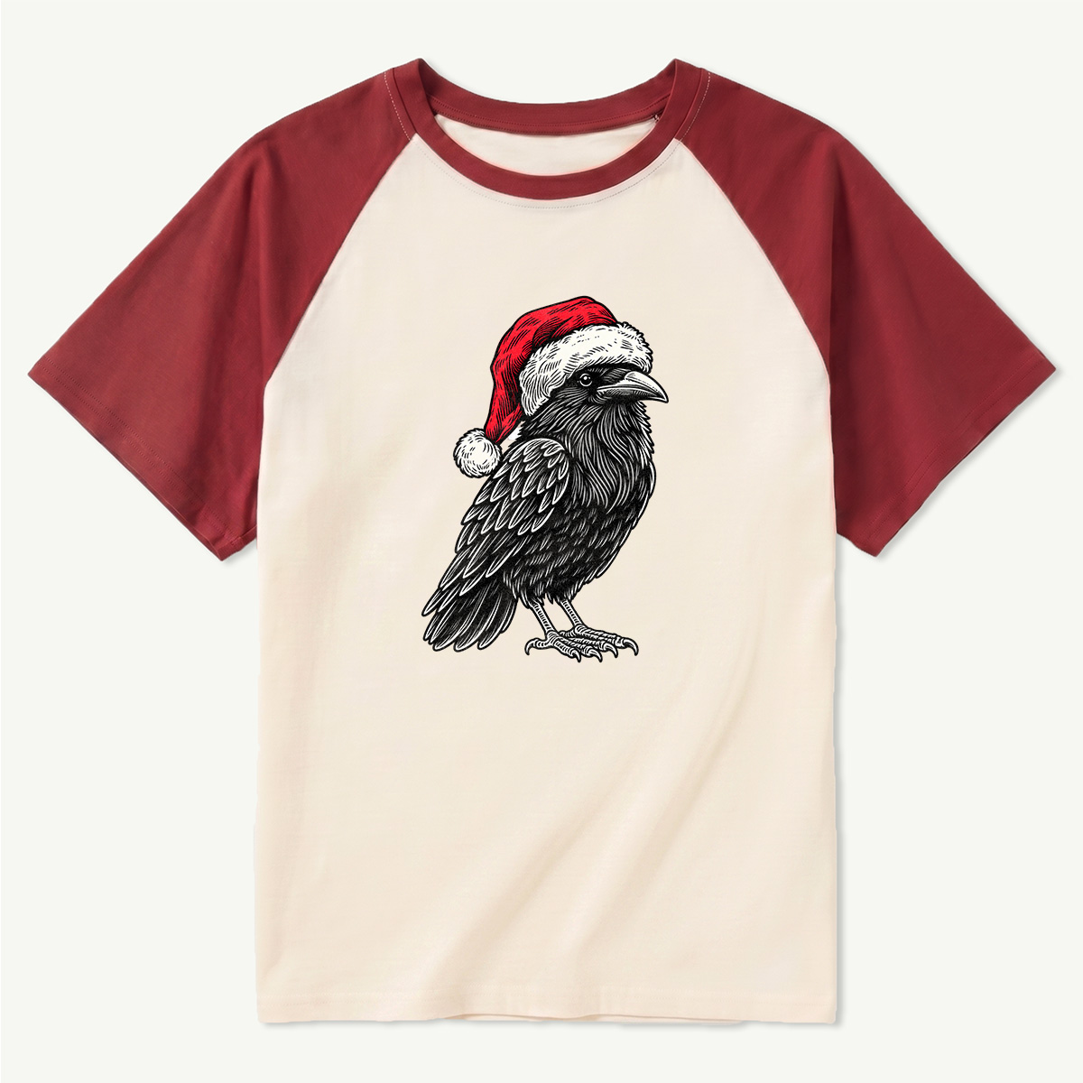 Black Raven Wearing Santa Hat Vintage Christmas Raglan T-Shirt