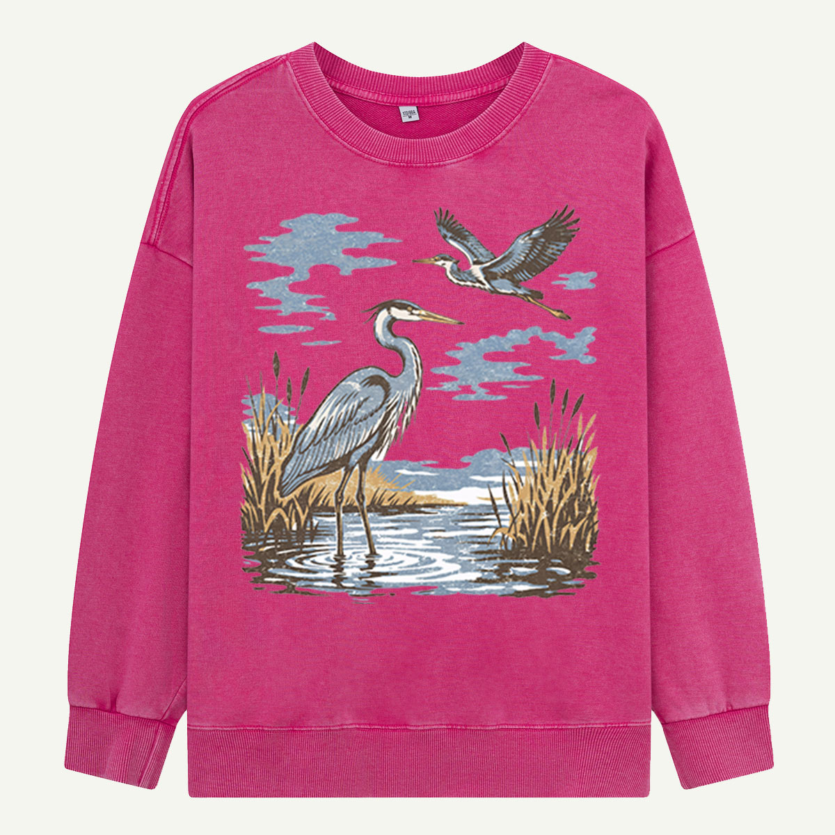 Vintage Heron Wetland Bird Nature Washed Sweatshirts