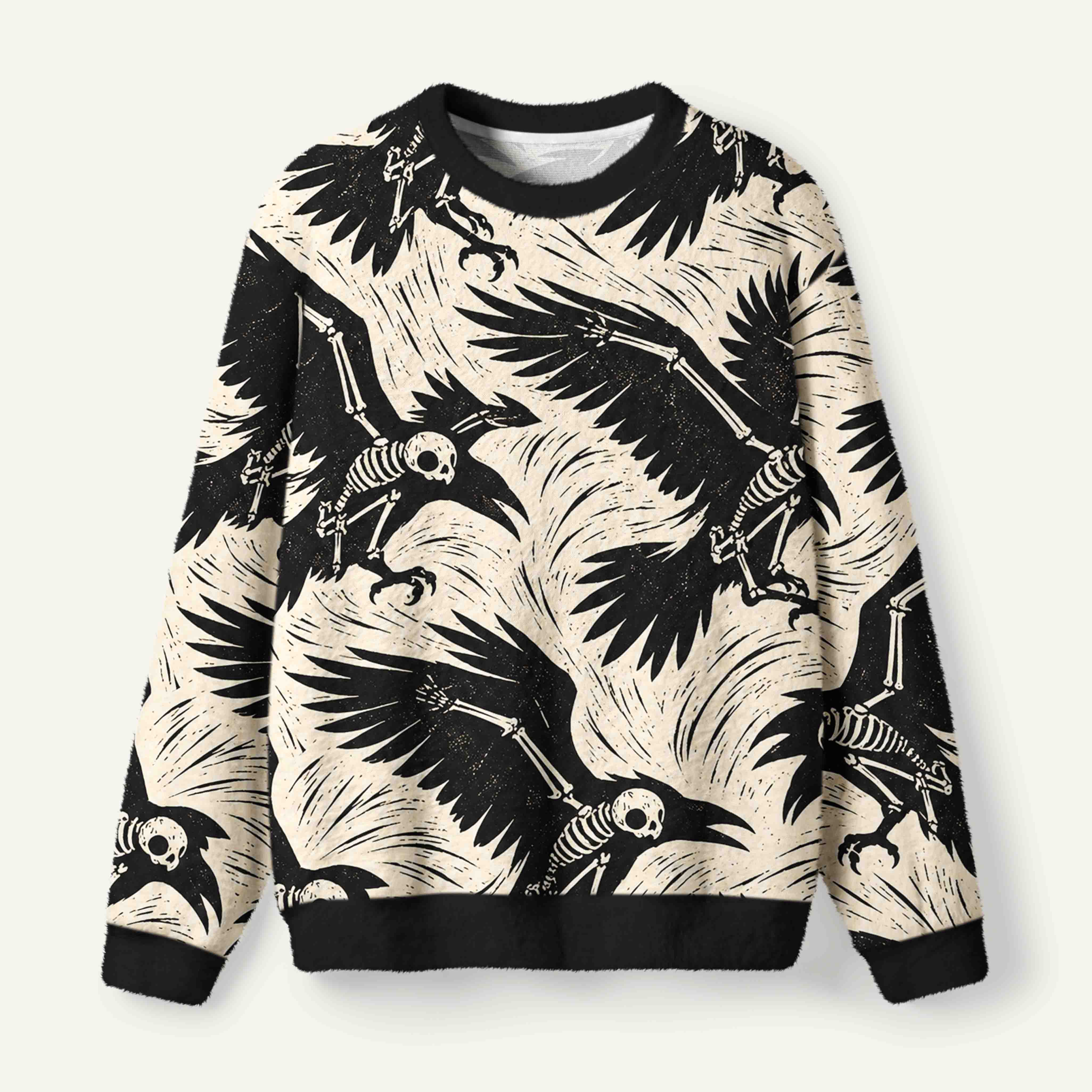 Dark Gothic Ravens Carrying Skeletons Woodcut Illustration Ugly Fuzzy Fleece Sweatshirt