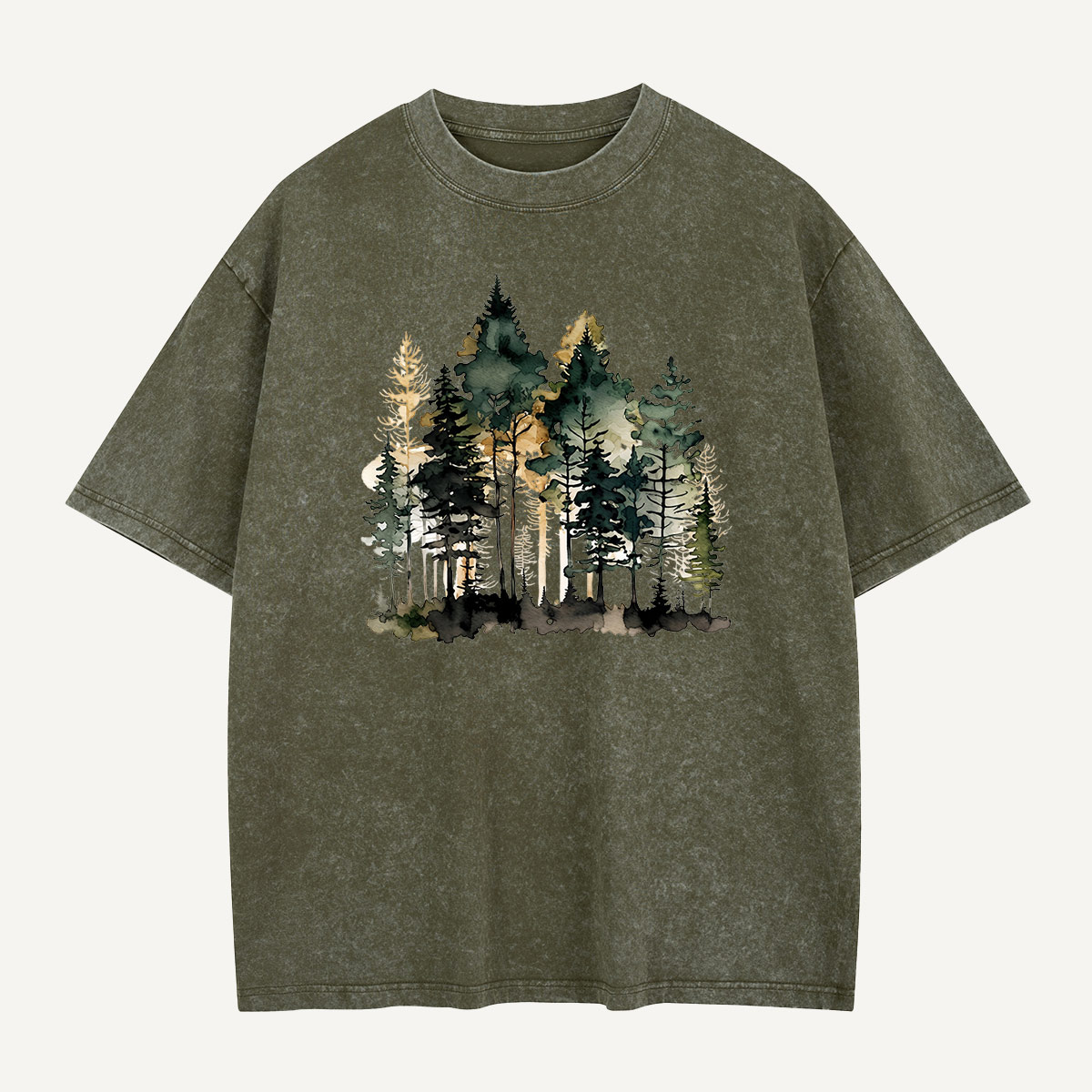 Watercolor Pine Forest Landscape Washed T-Shirt