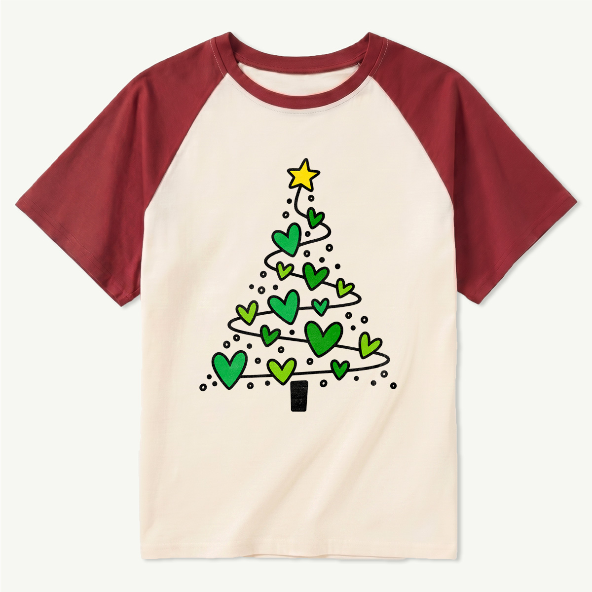 Green Heart Garland Christmas Tree With Yellow Star Raglan T-Shirt