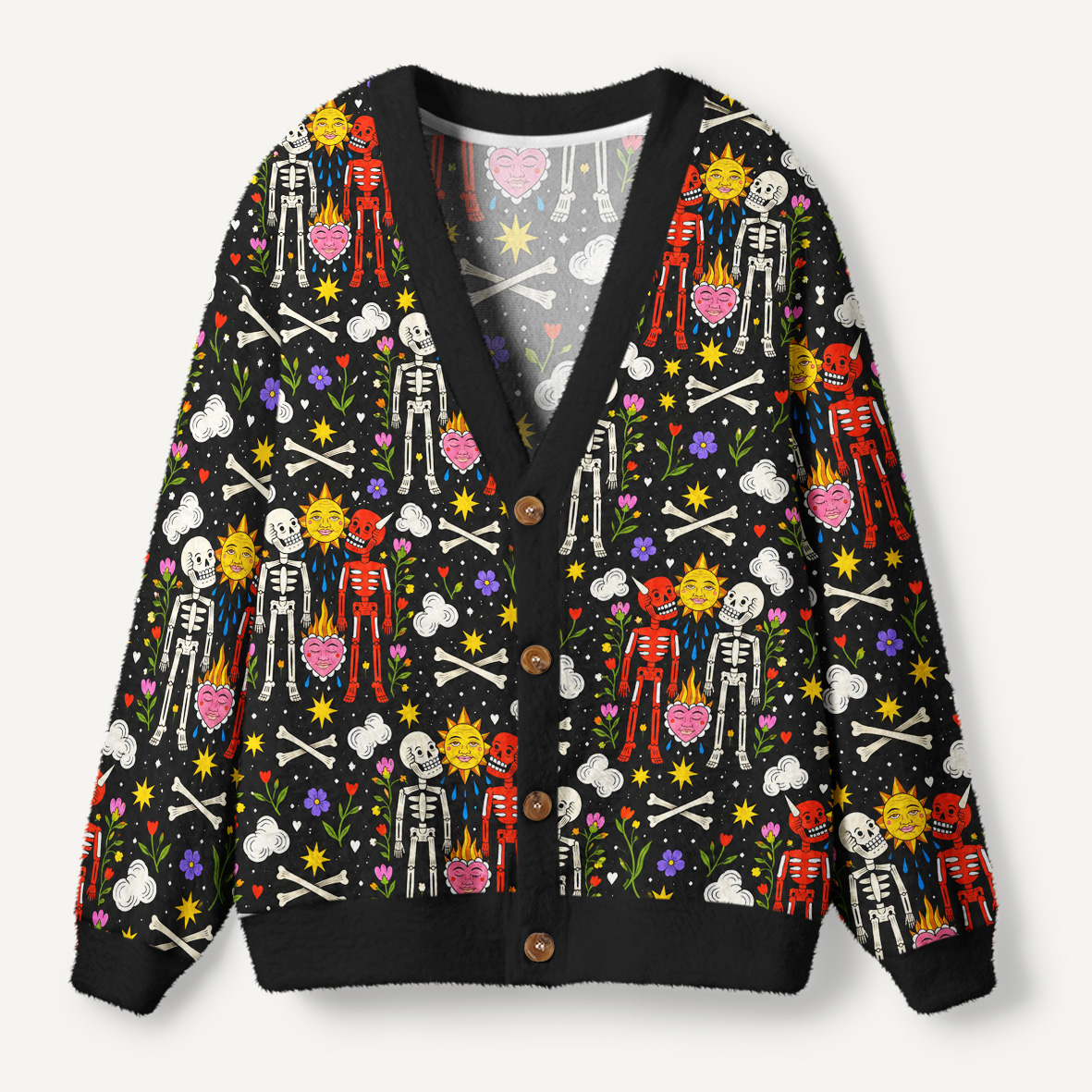 Celestial Sun And Skeletons Folk Art Ugly Cardigan Sweaters