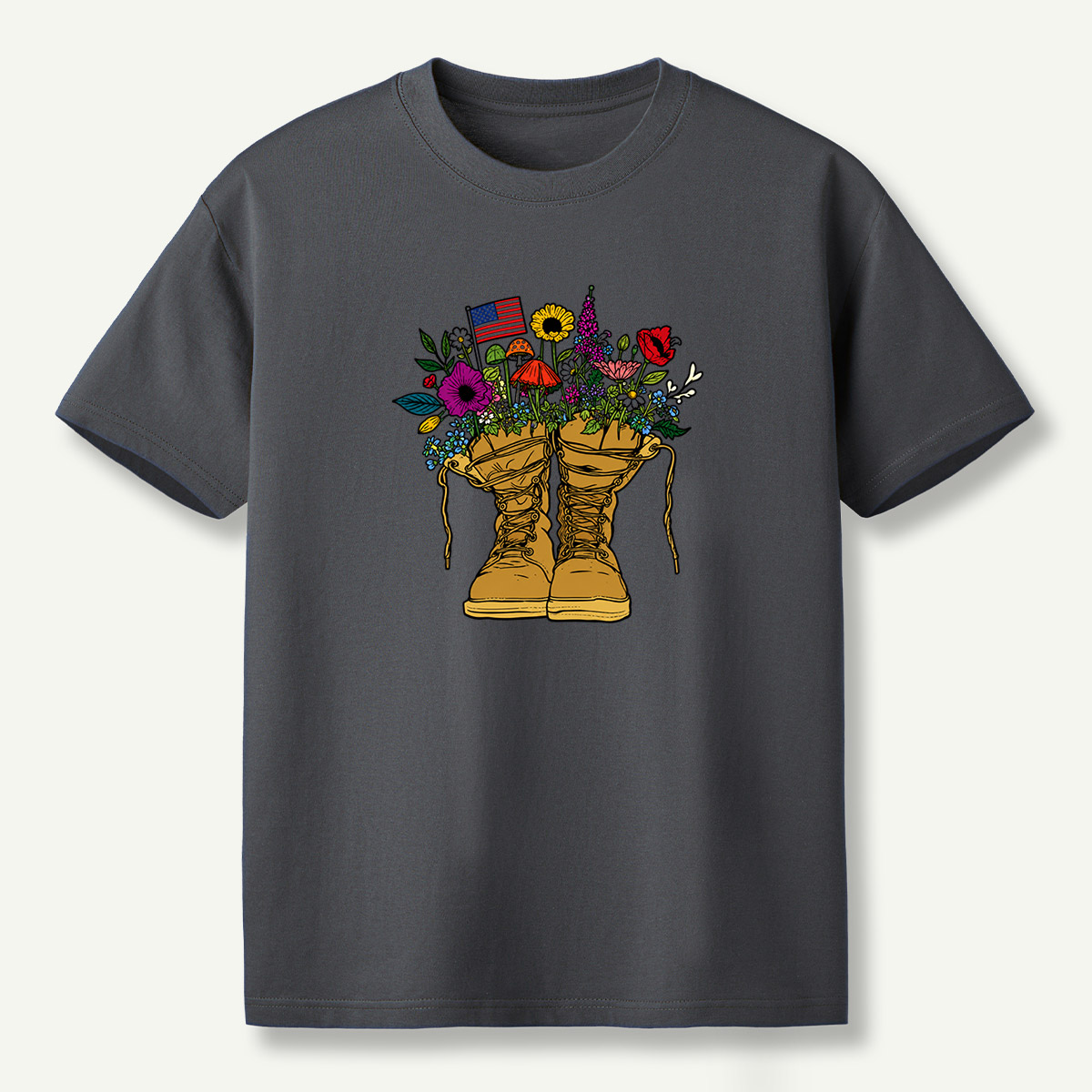 American Flag Combat Boots Wildflower Mushroom Garden T-Shirt