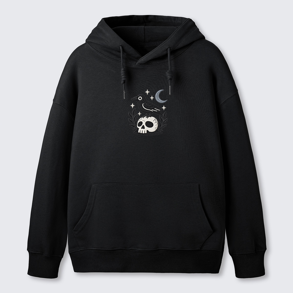 Moon Raven Floral Emblem Embroidered Cotton Hoodie
