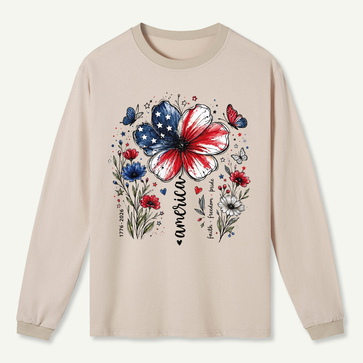 USA 250th Anniversary Floral Long Sleeve T-Shirt