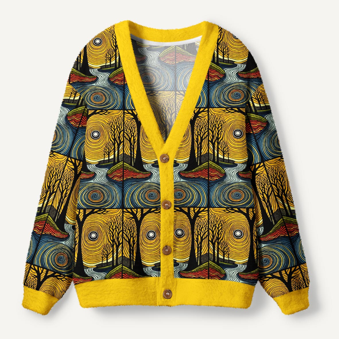 Golden Sunset Forest River Psychedelic Swirling Landscape Ugly Cardigan Sweaters