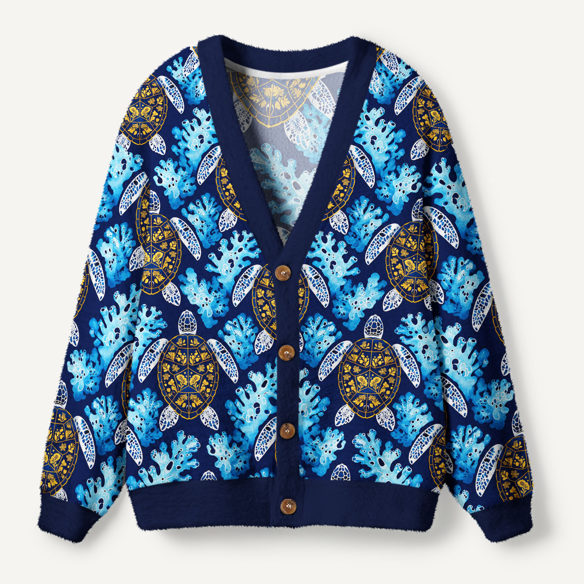 Blue And Gold Floral Sea Turtle With Coral Reef Ugly Cardigan Sweaters