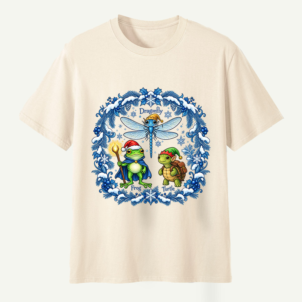 Fantasy Winter Forest Dragonfly Frog And Turtle Companions T-Shirt