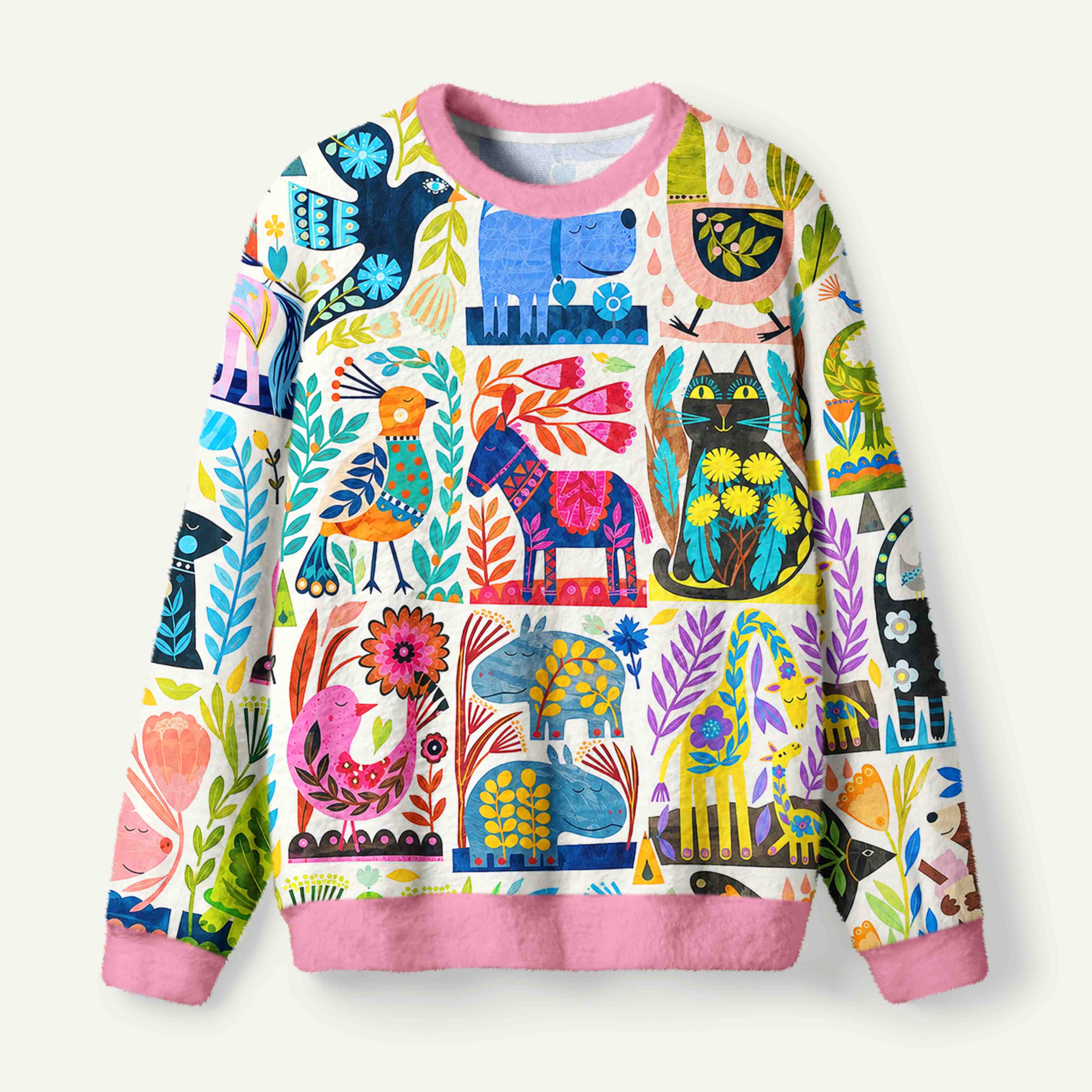 Whimsical Folk Art Woodland Animals And Botanical Gallery Ugly Fuzzy Fleece Sweatshirt