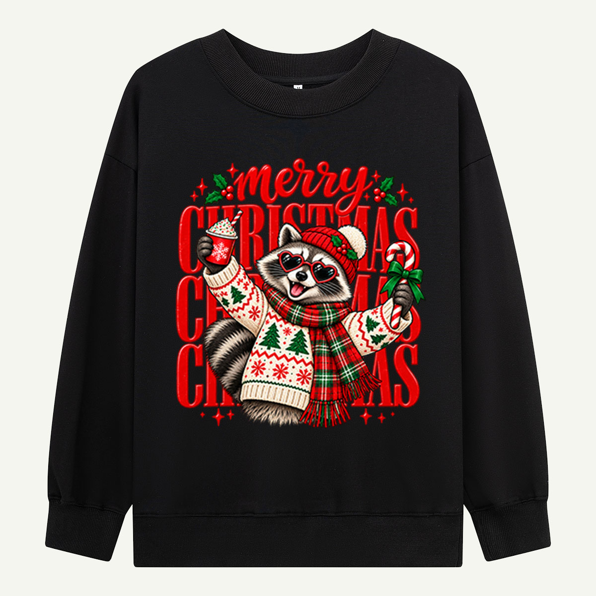 Merry Christmas Raccoon In Heart Sunglasses And Cozy Sweater Sweatshirts