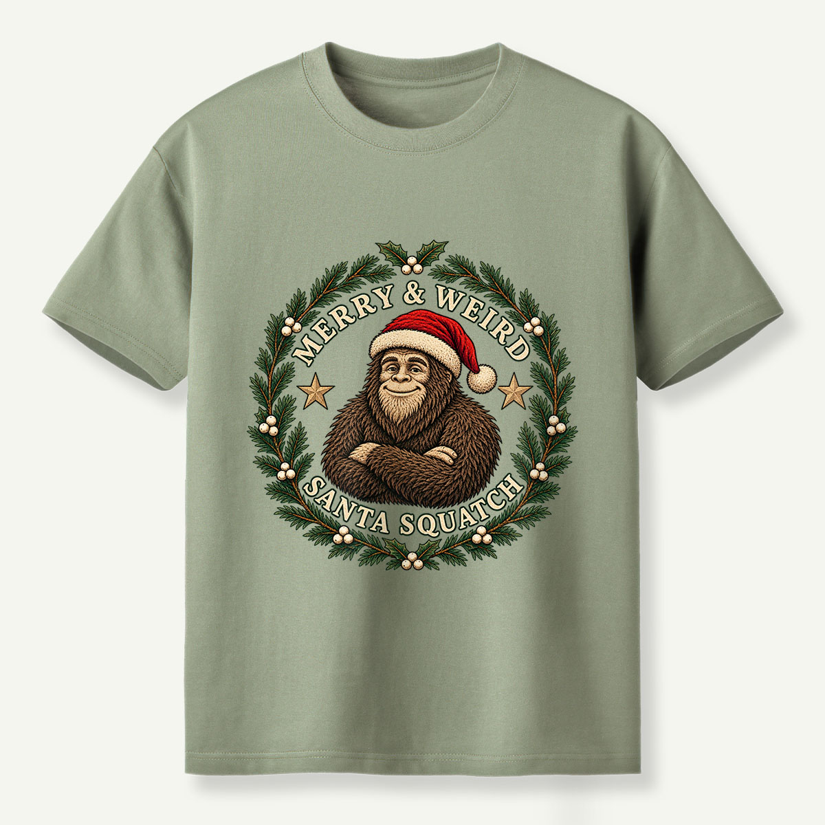 Merry And Weird Santa Squatch Christmas Wreath T-Shirt