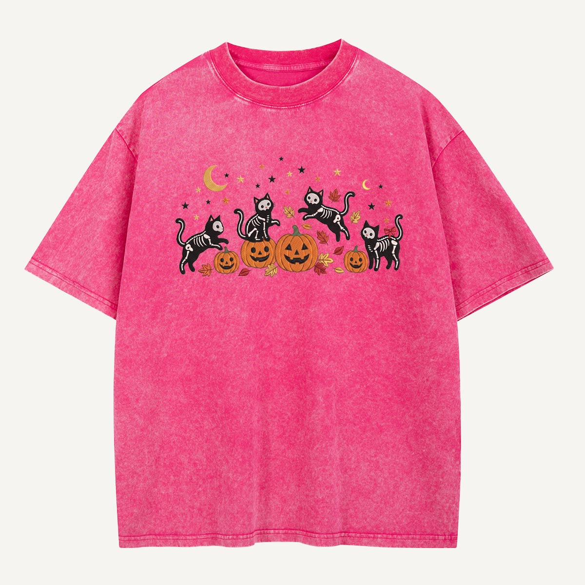 Skeleton Cats Pumpkin Party Washed T-Shirt