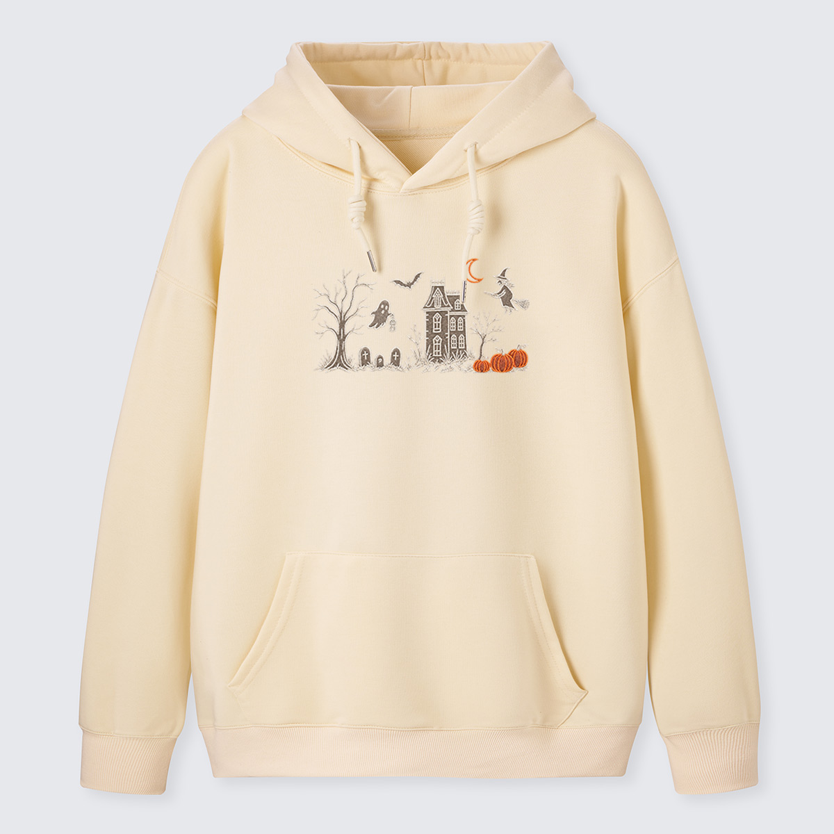 Haunted House Line Art Embroidered Cotton Hoodie