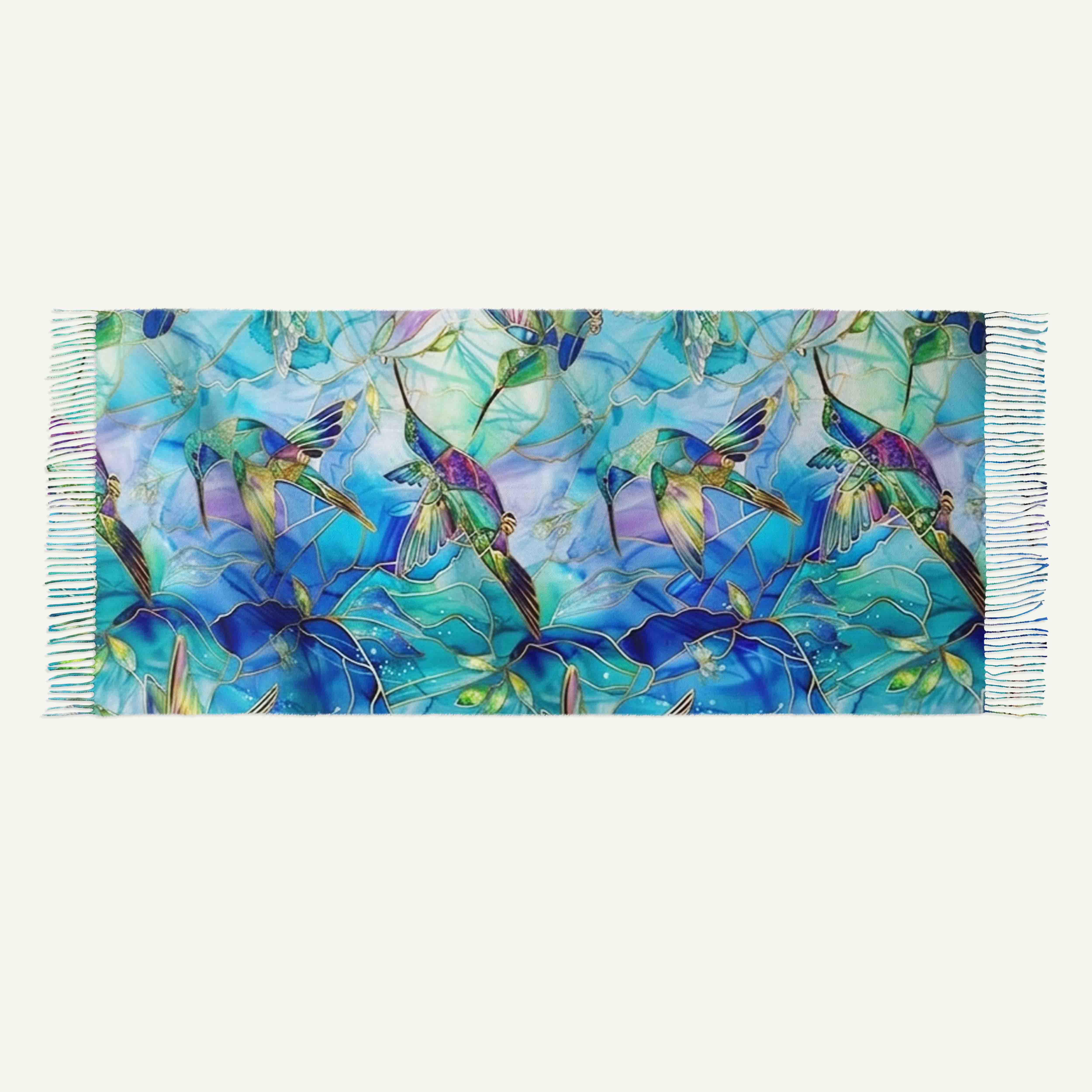 Hummingbird Garden Long Cashmere Scarf with Tassels