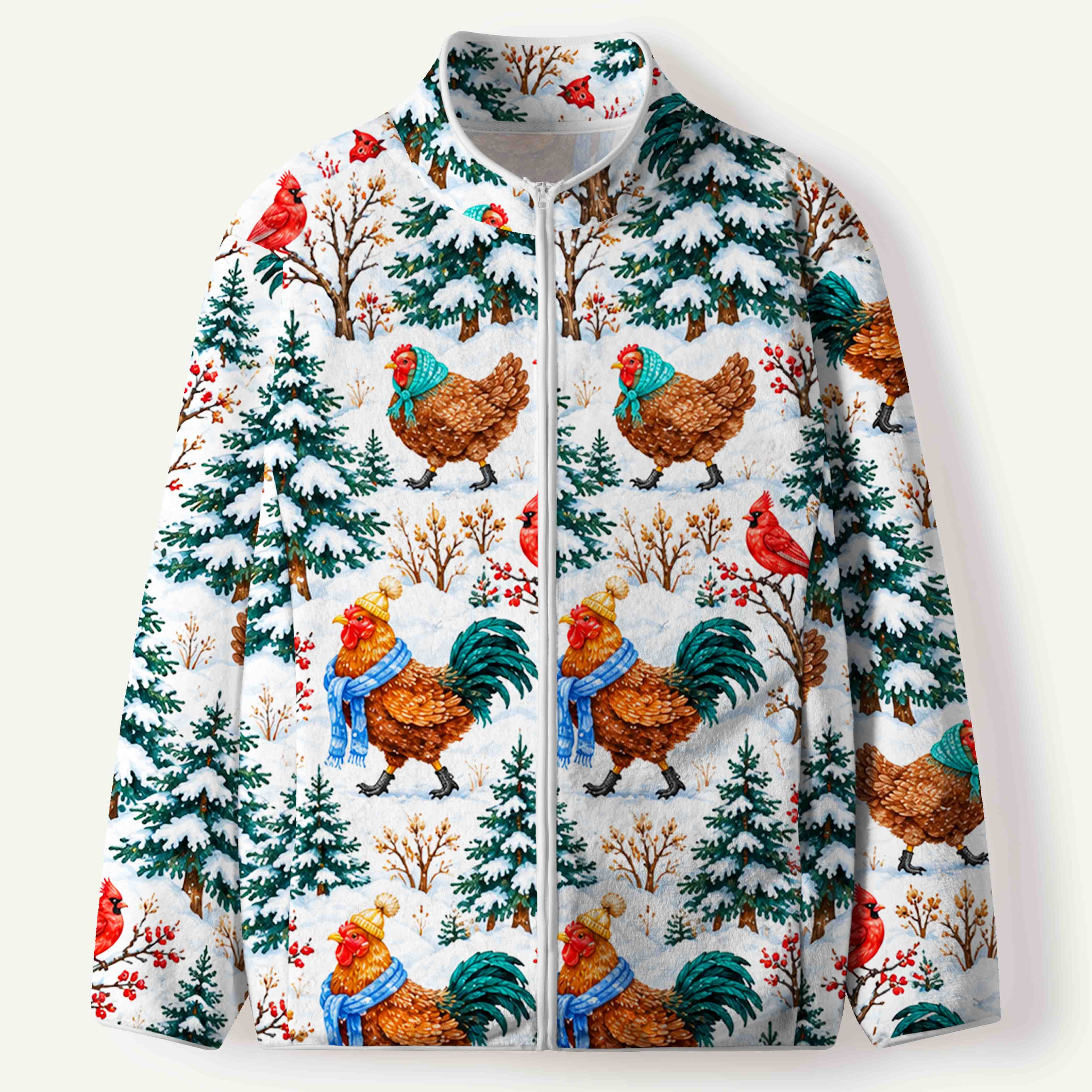 Winter Chickens In Snowy Forest Men's Flannel Zip Front Cardigan
