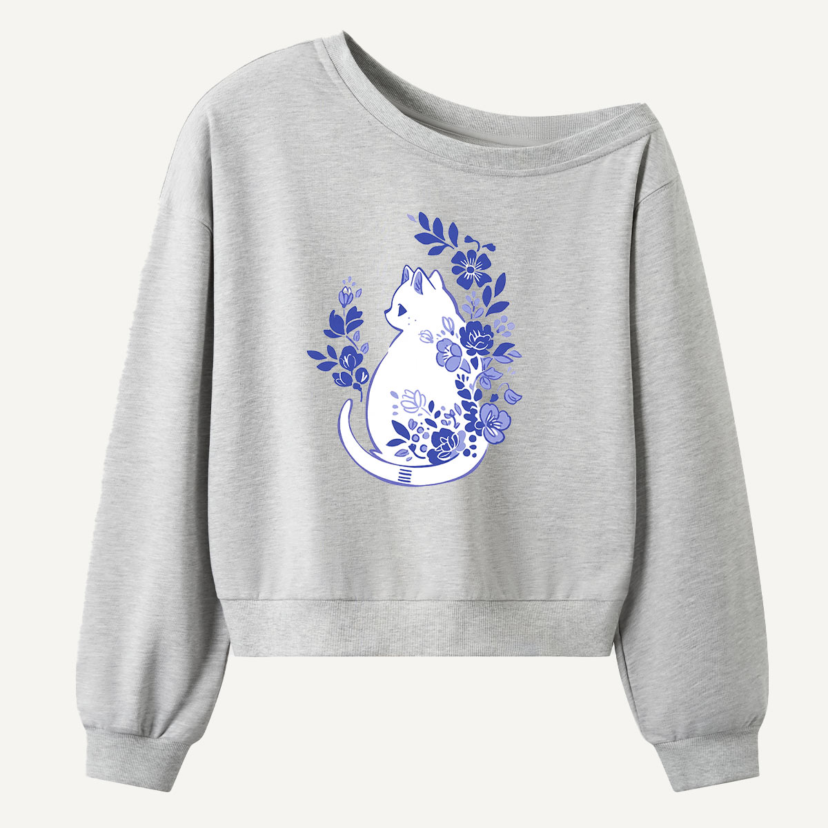 Blue Floral Bottle Art Women Off Shoulder Sweatshirt